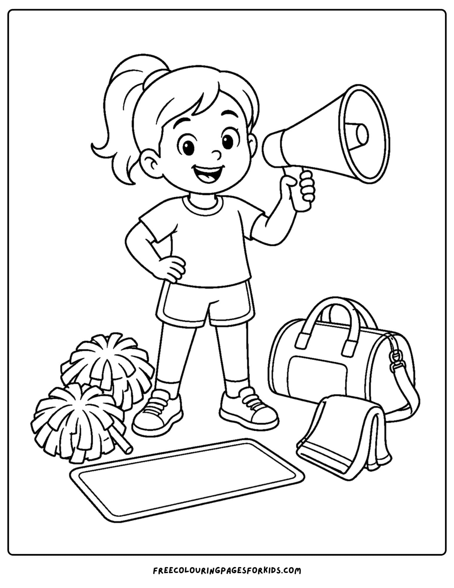 a coloring page of a cheerleader holding a megaphone