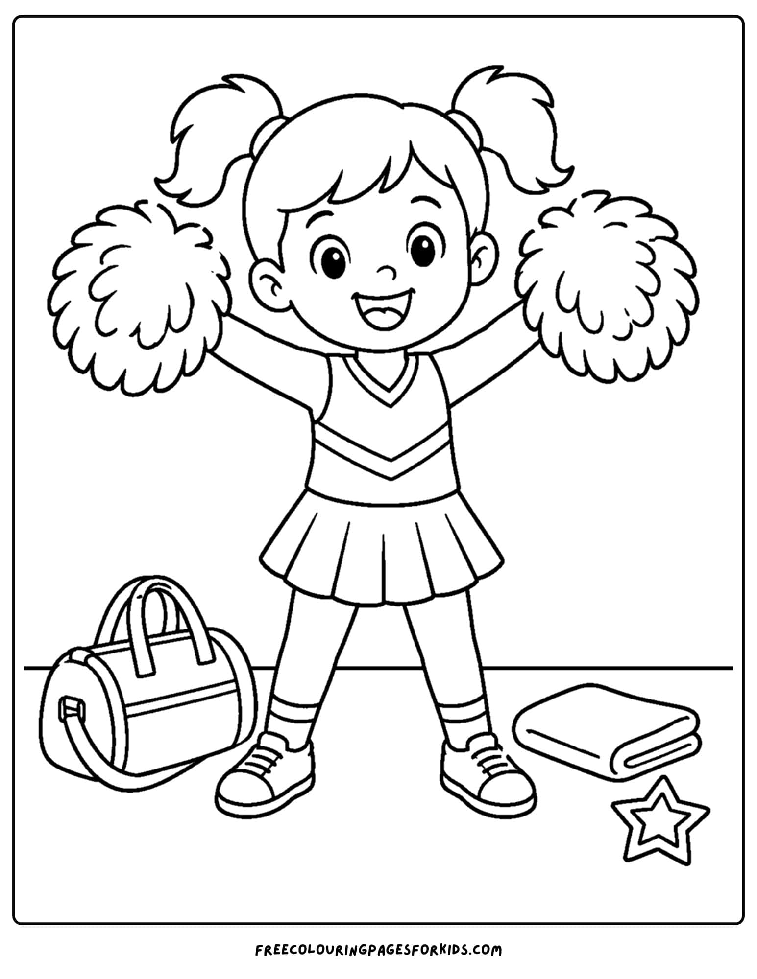 a coloring page of a cheerleader posing with pom poms