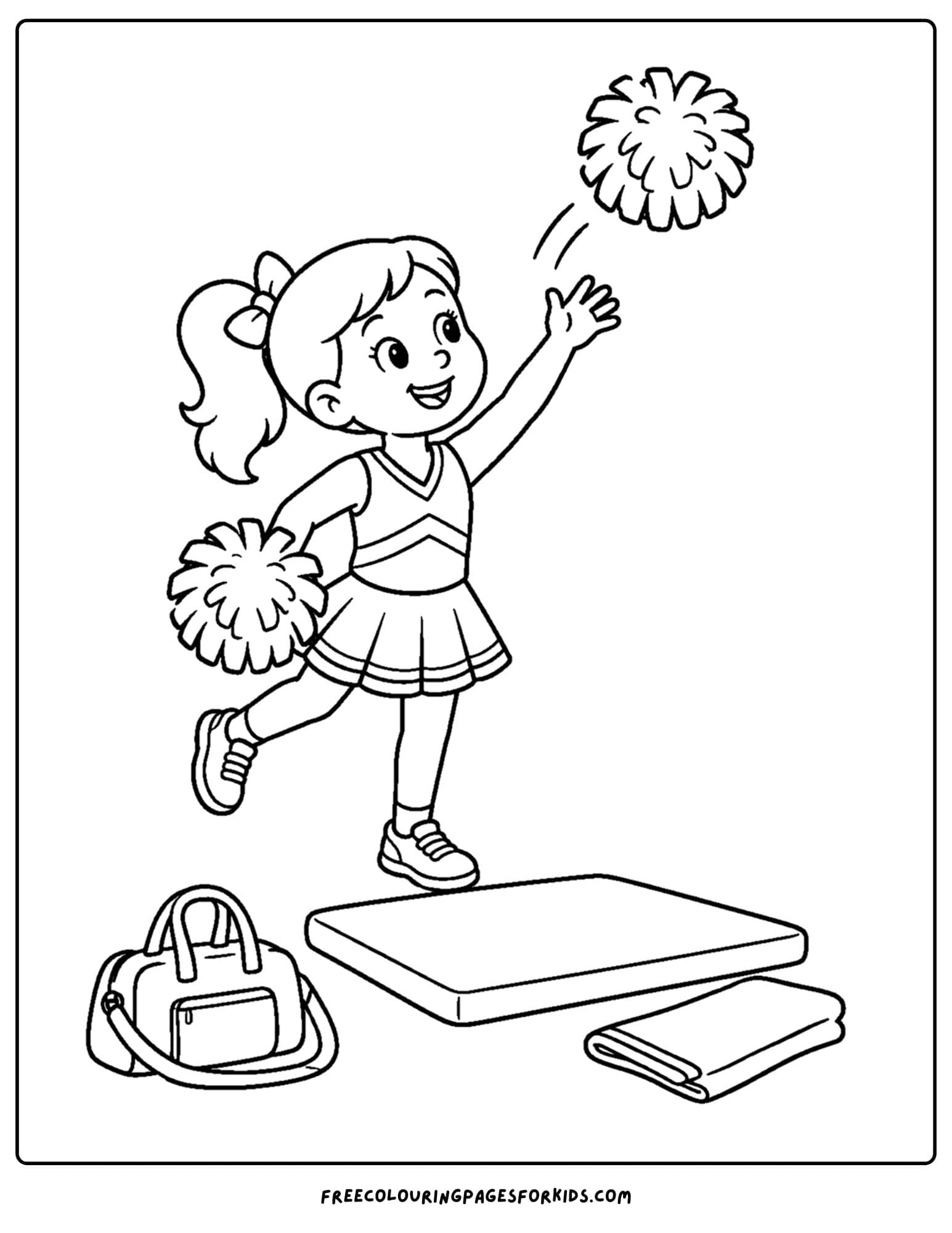 a coloring page of a cheerleader tossing a pom pom in the air