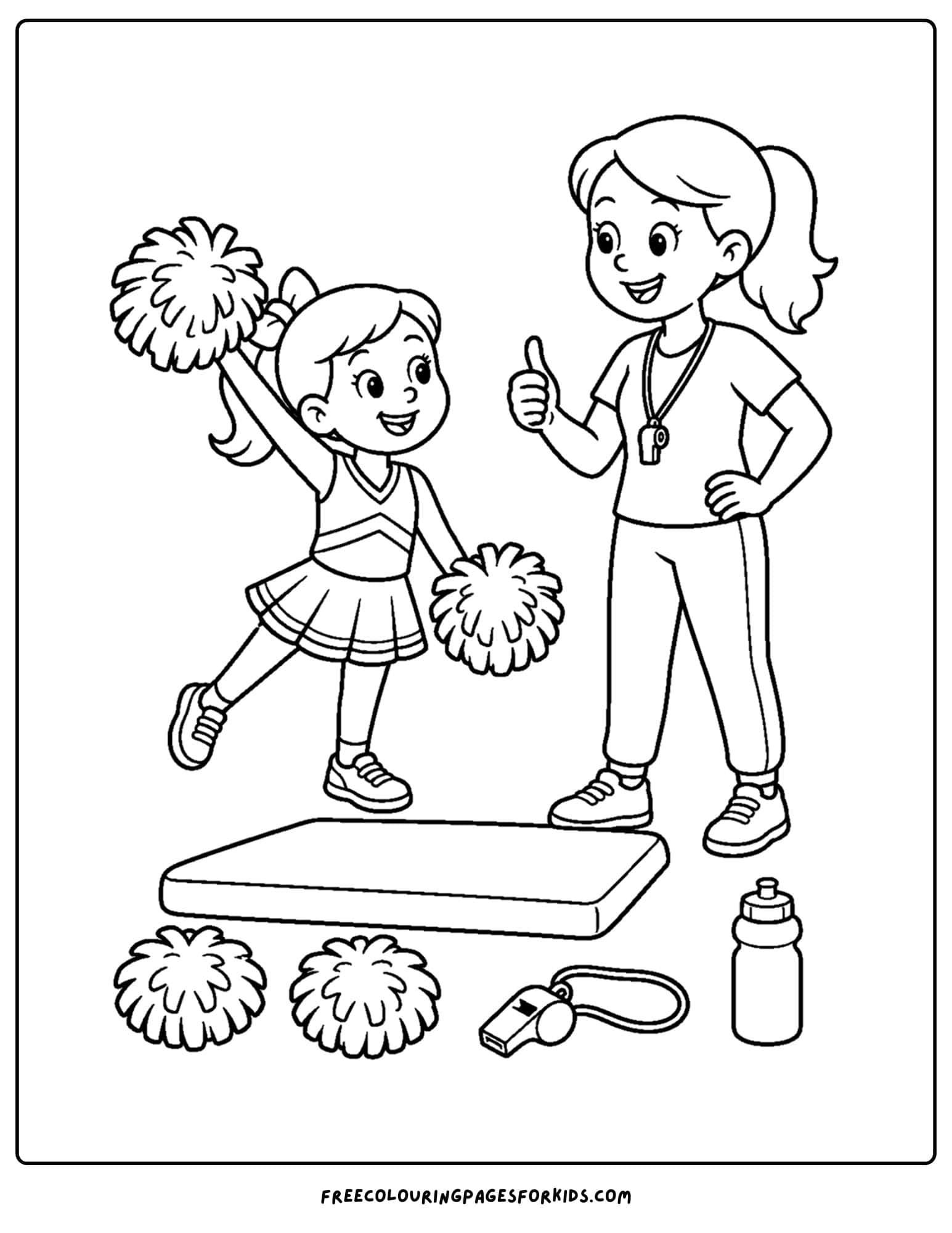 a coloring page of a cheerleader at practice with the coach
