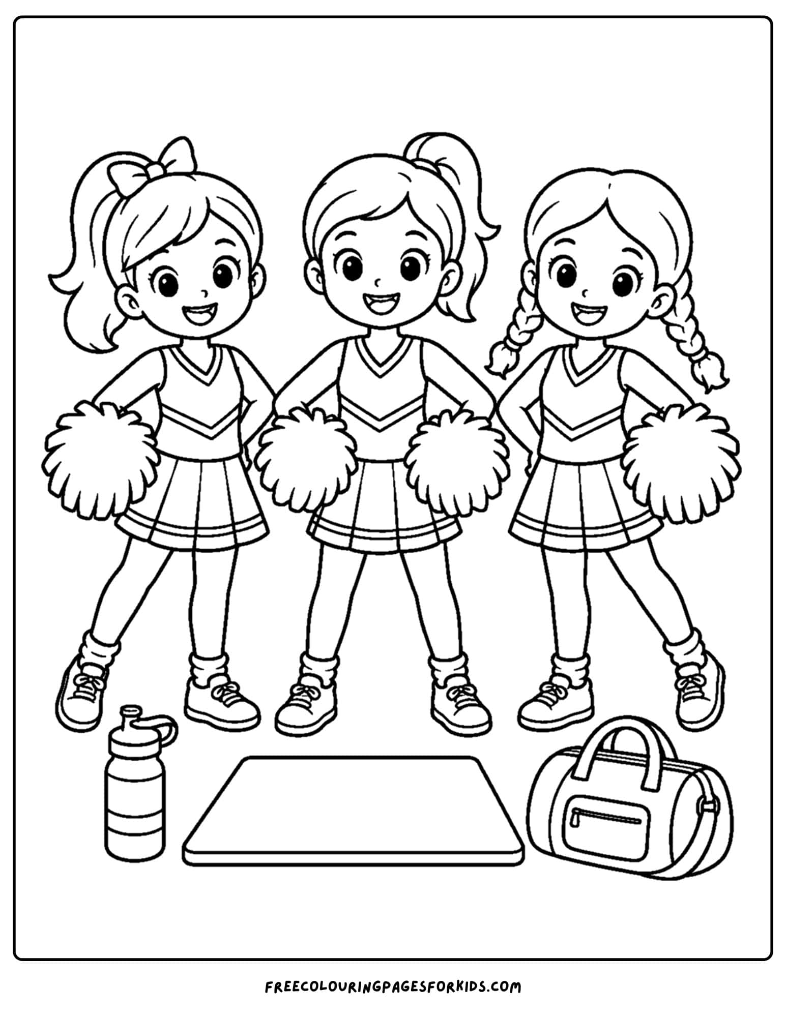 a coloring page of a cheerleader lineup ready for practice