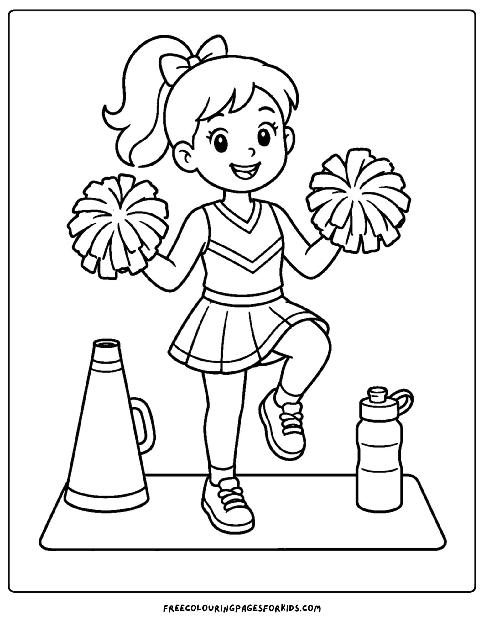 a coloring page of a cheerleader warming up