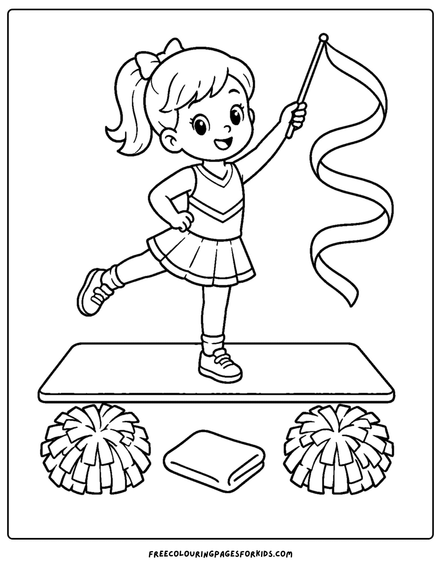 a coloring page of a cheerleader practicing with a ribbon