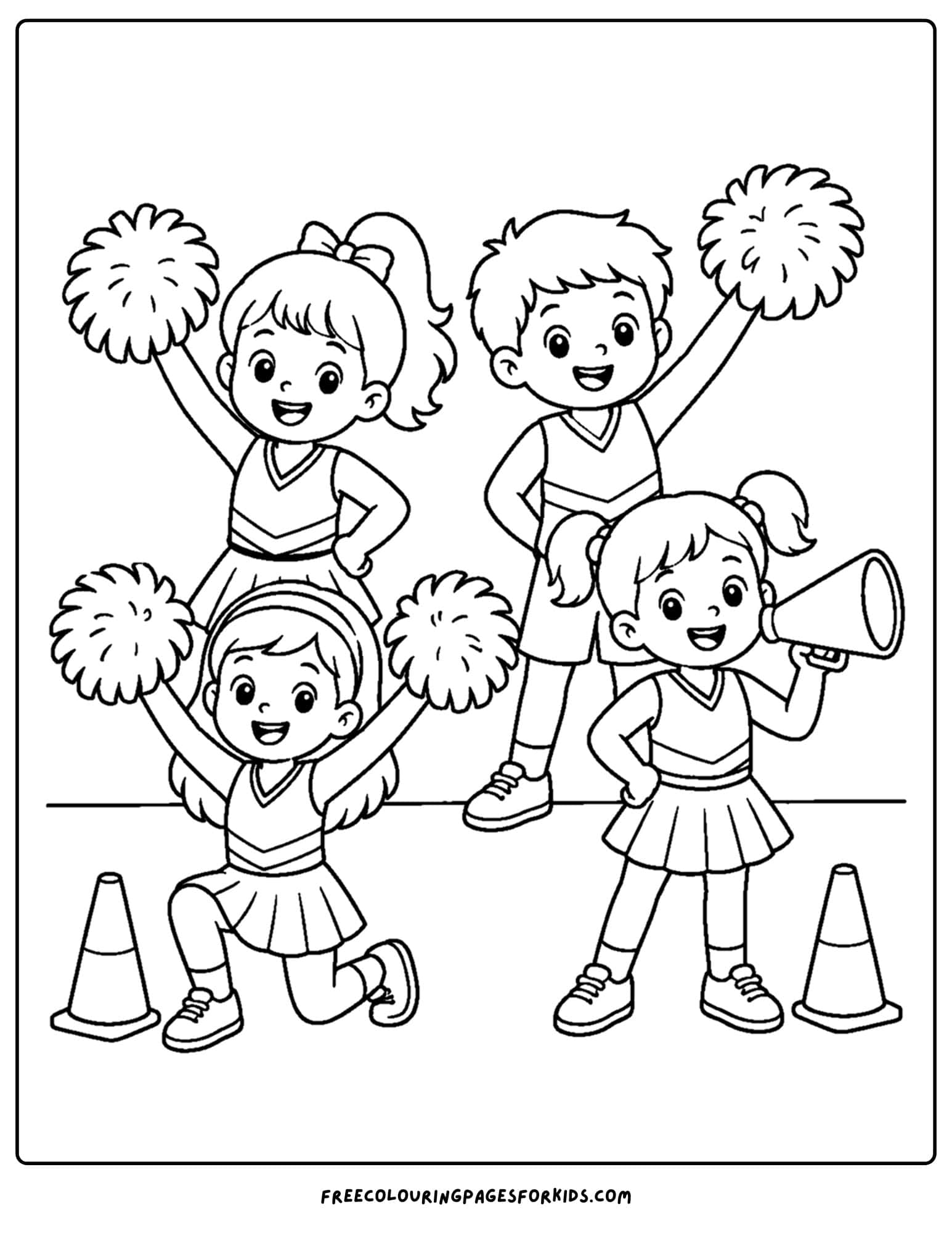 a coloring page of a cheerleader team waving and cheering together