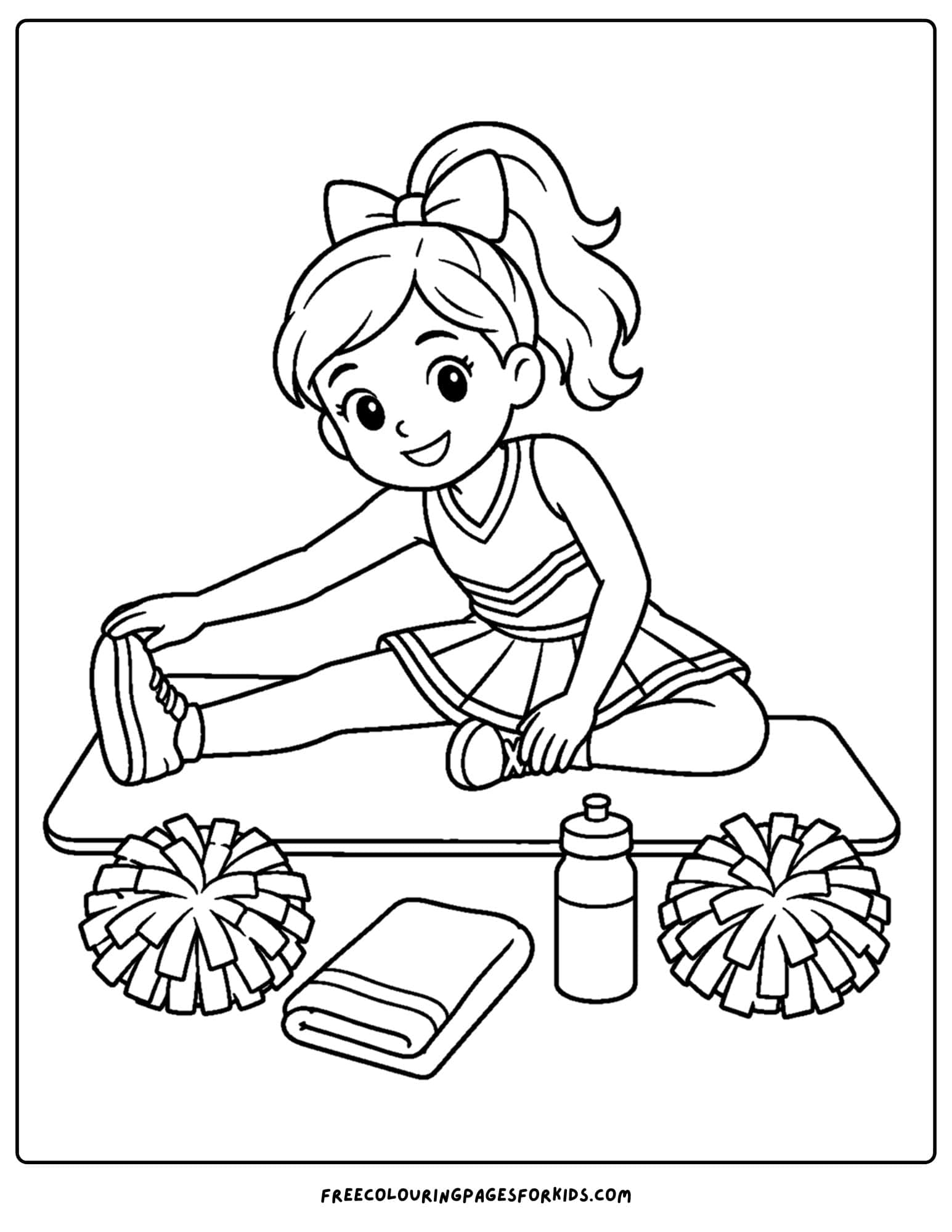 a coloring page of a cheerleader stretching before a performance