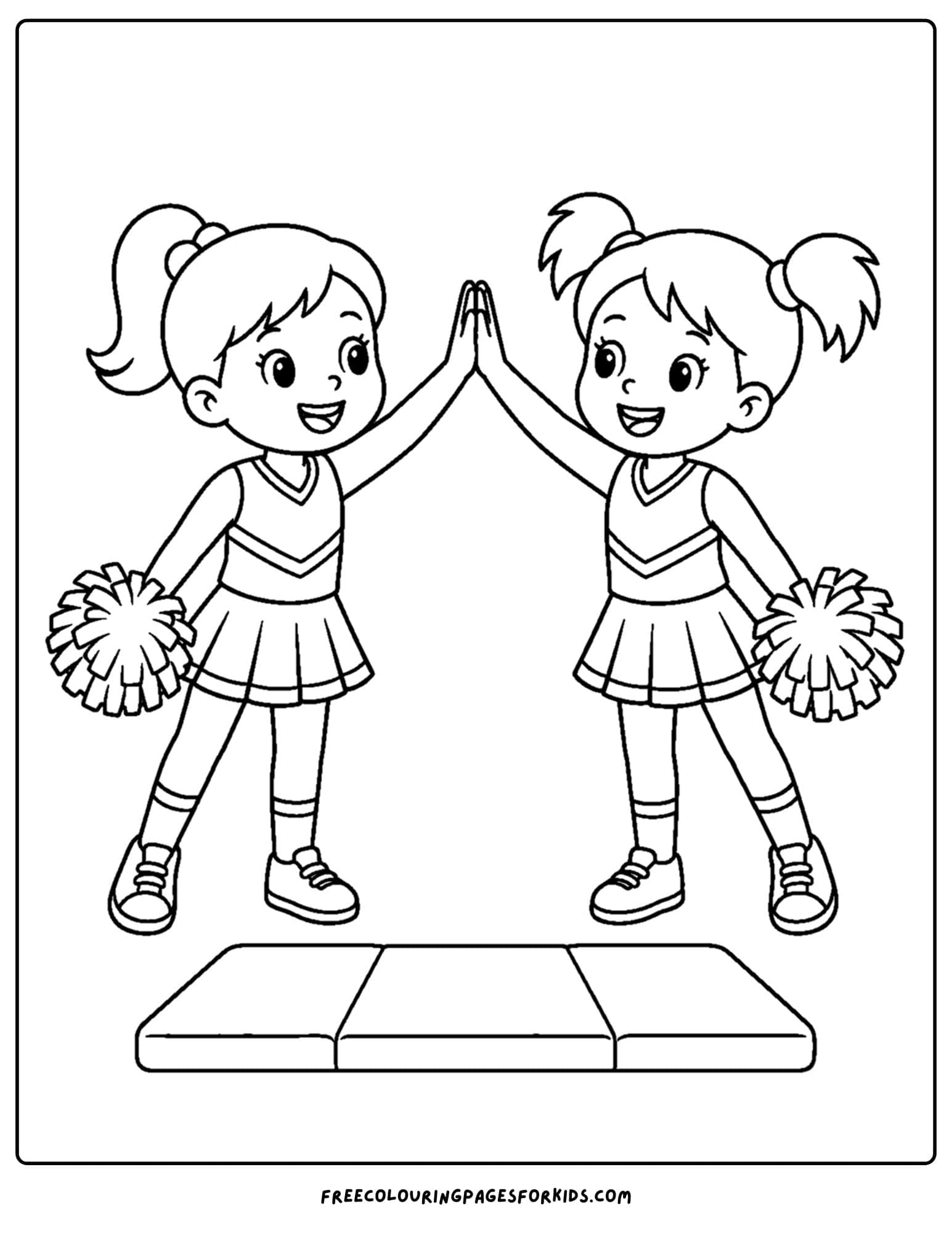 a coloring page of a cheerleader and a teammate giving each other a high five