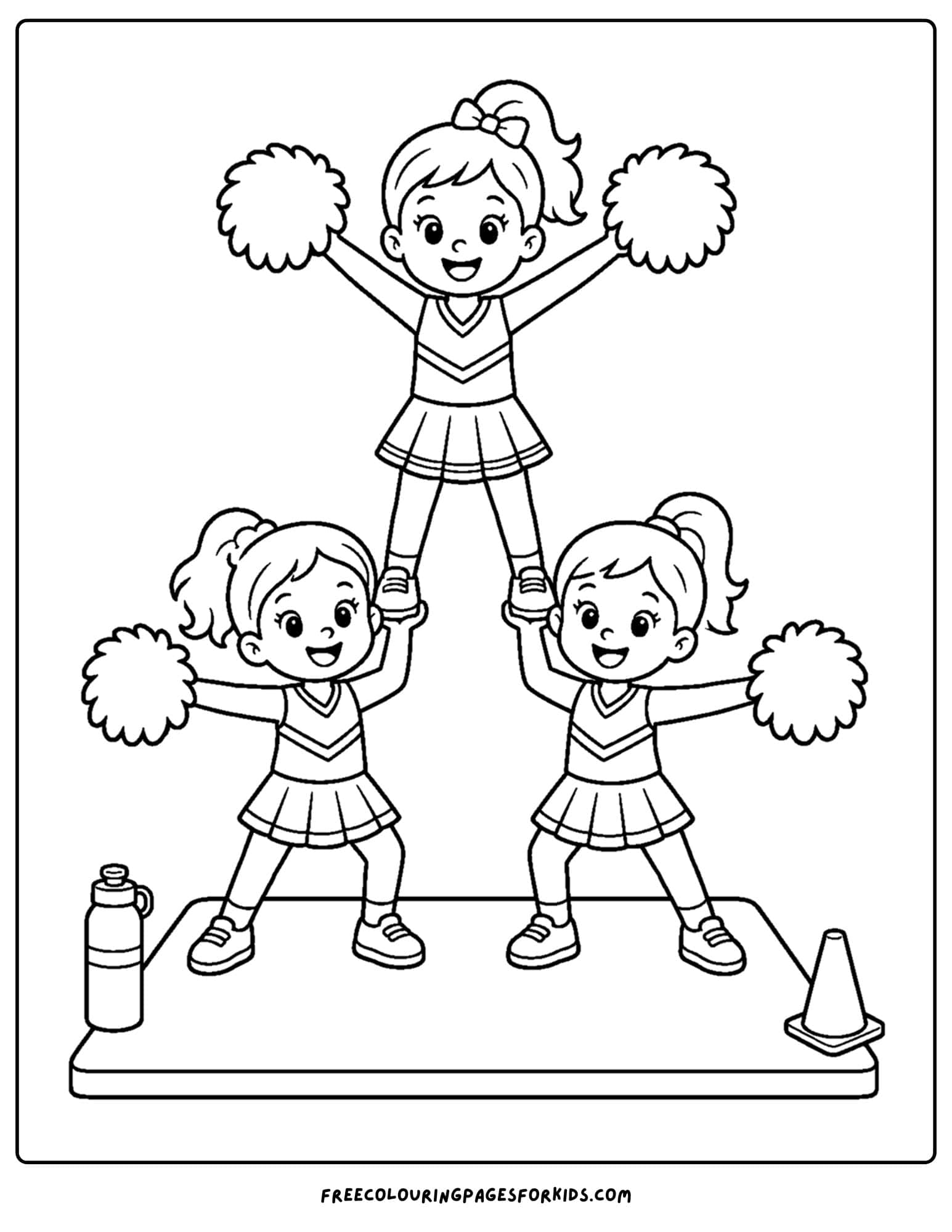 a coloring page of a cheerleader team making a team pyramid
