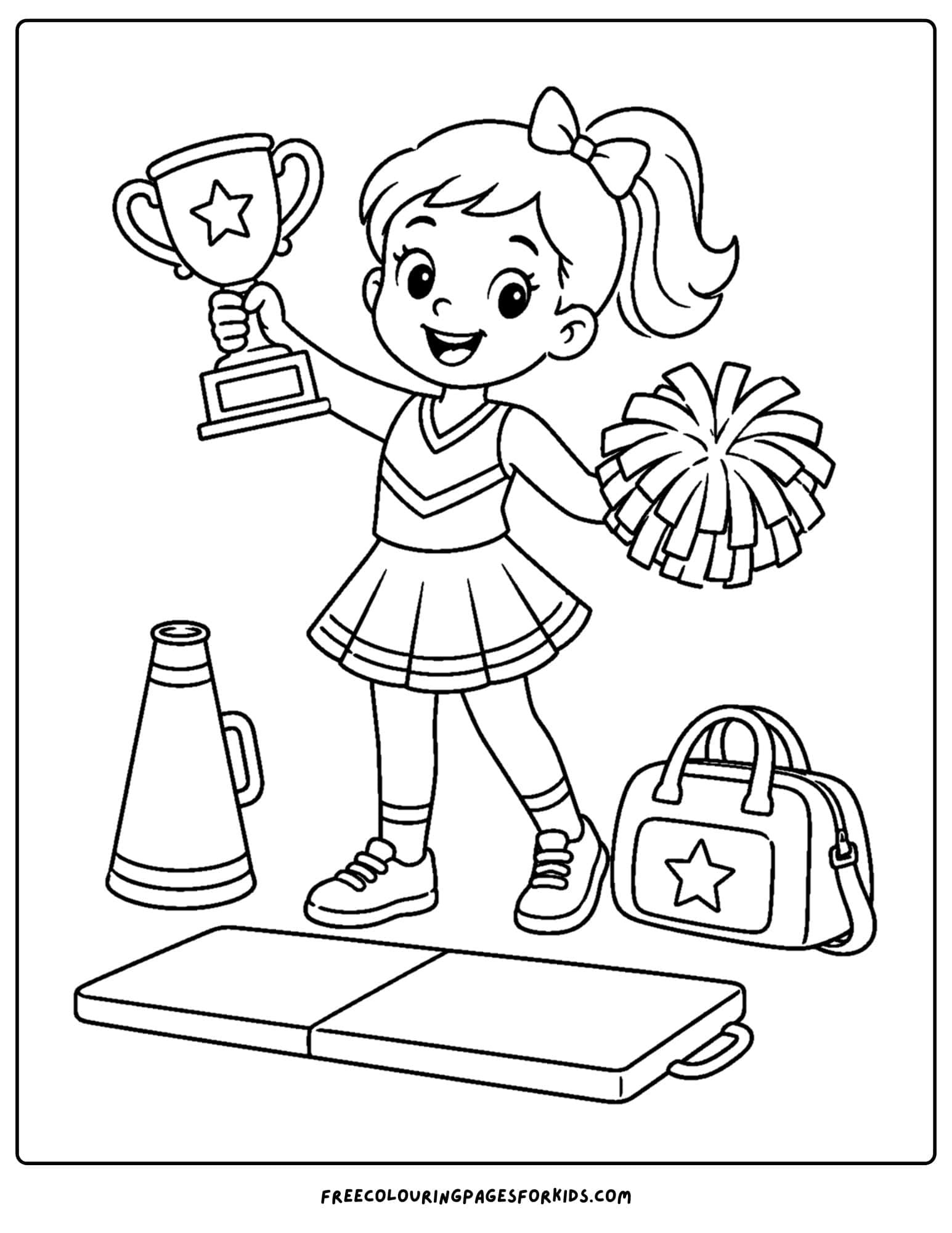 a coloring page of a cheerleader celebrating and holding a trophy