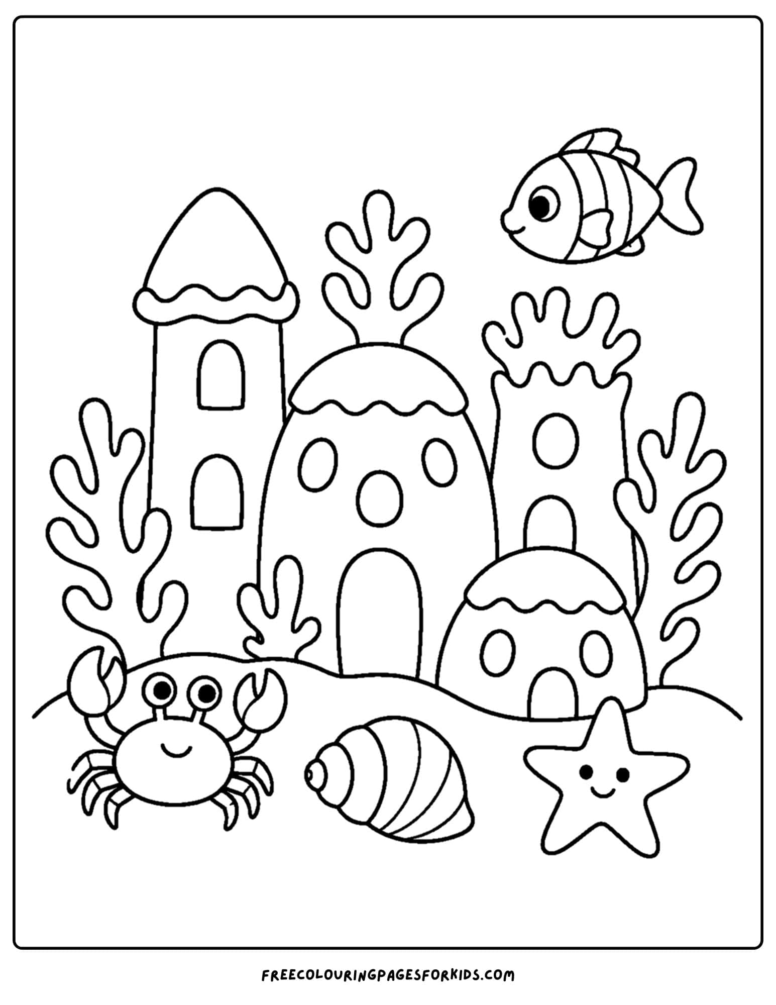 a coloring page of coral shaped like a tiny underwater castle