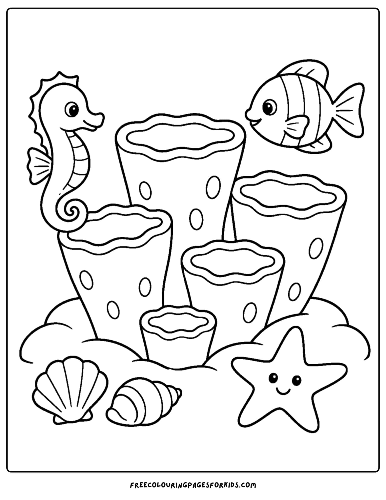 a coloring page of coral shaped like cups as fish swim past