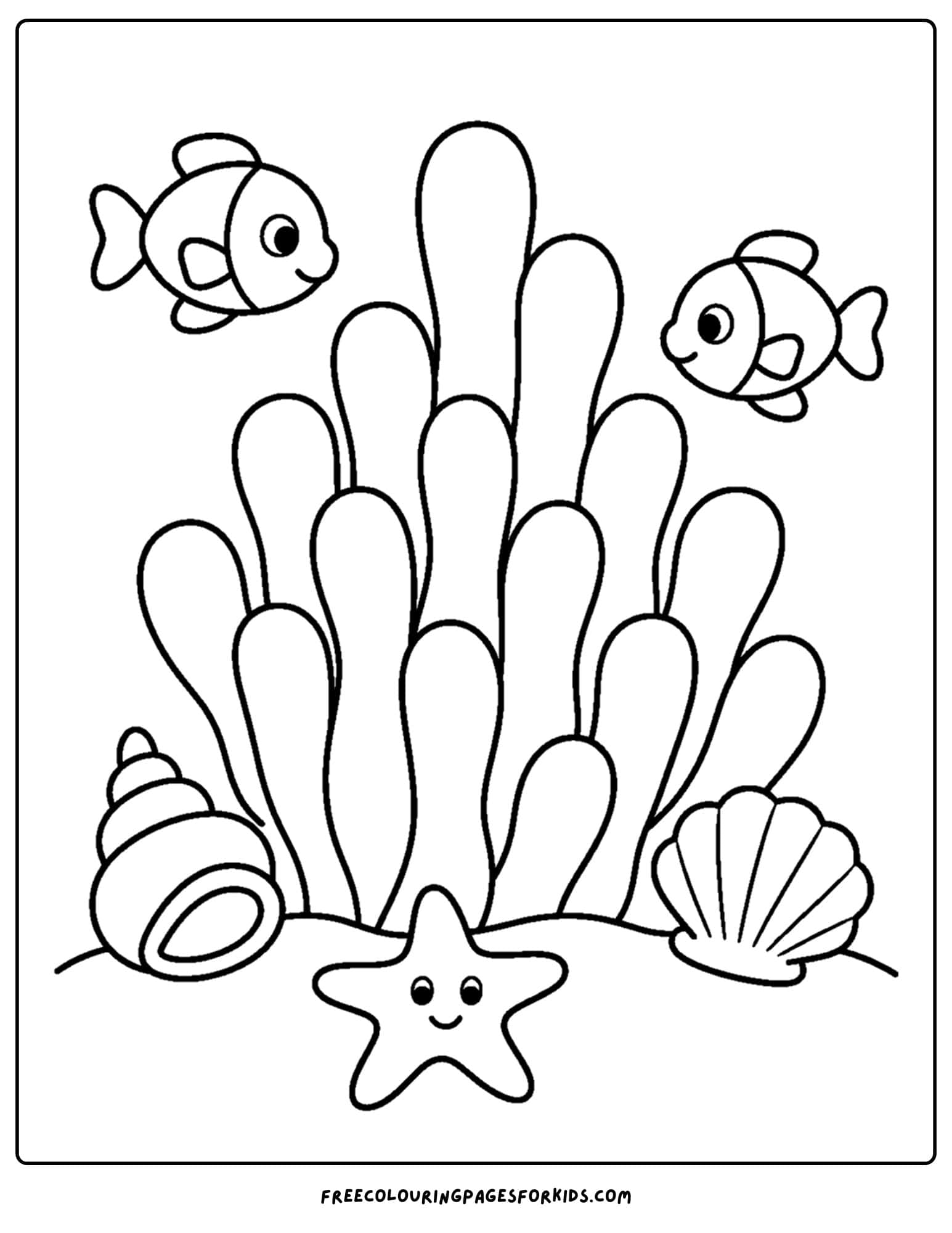 a coloring page of finger shaped coral and fish