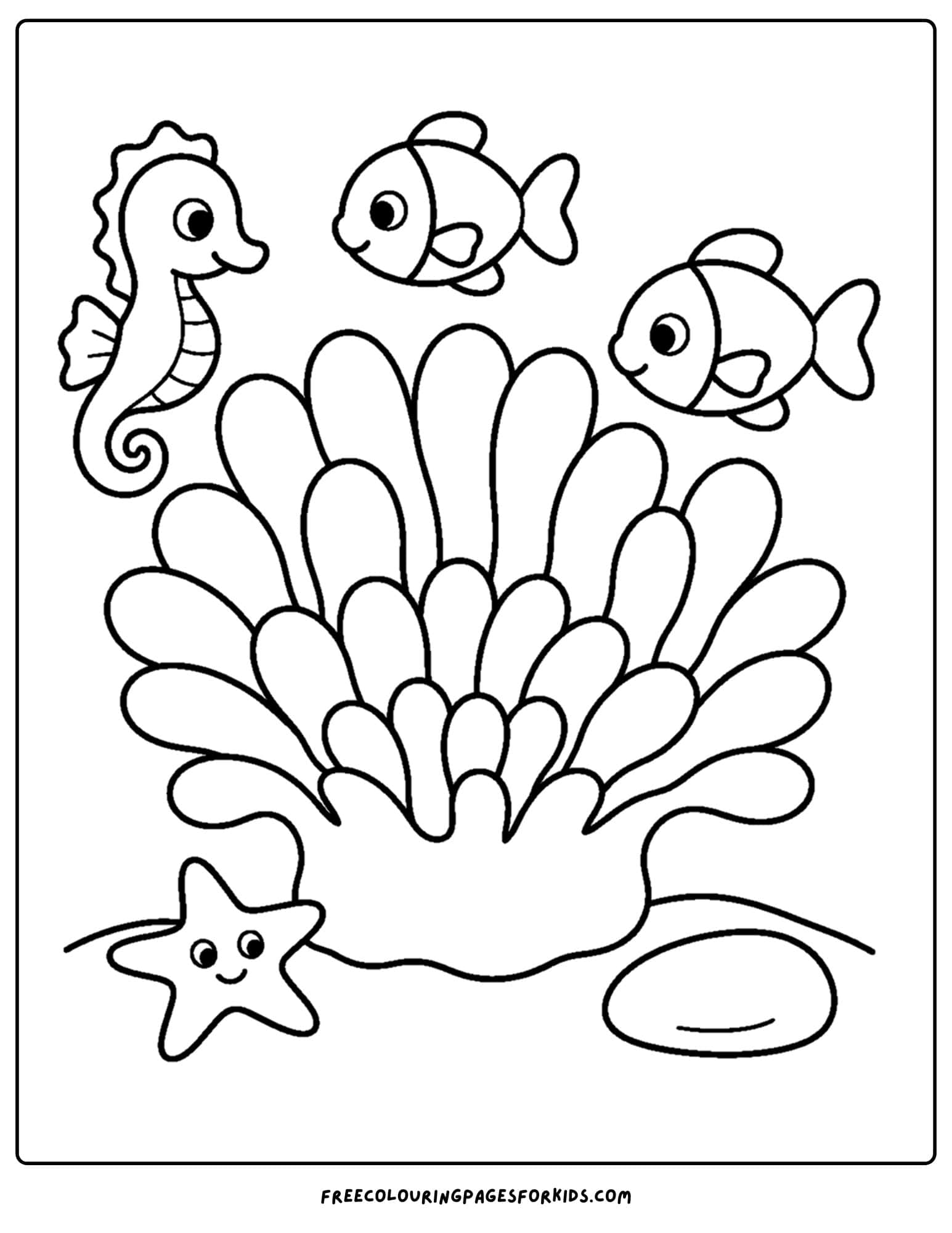 a coloring page of coral with fish and s seahorse