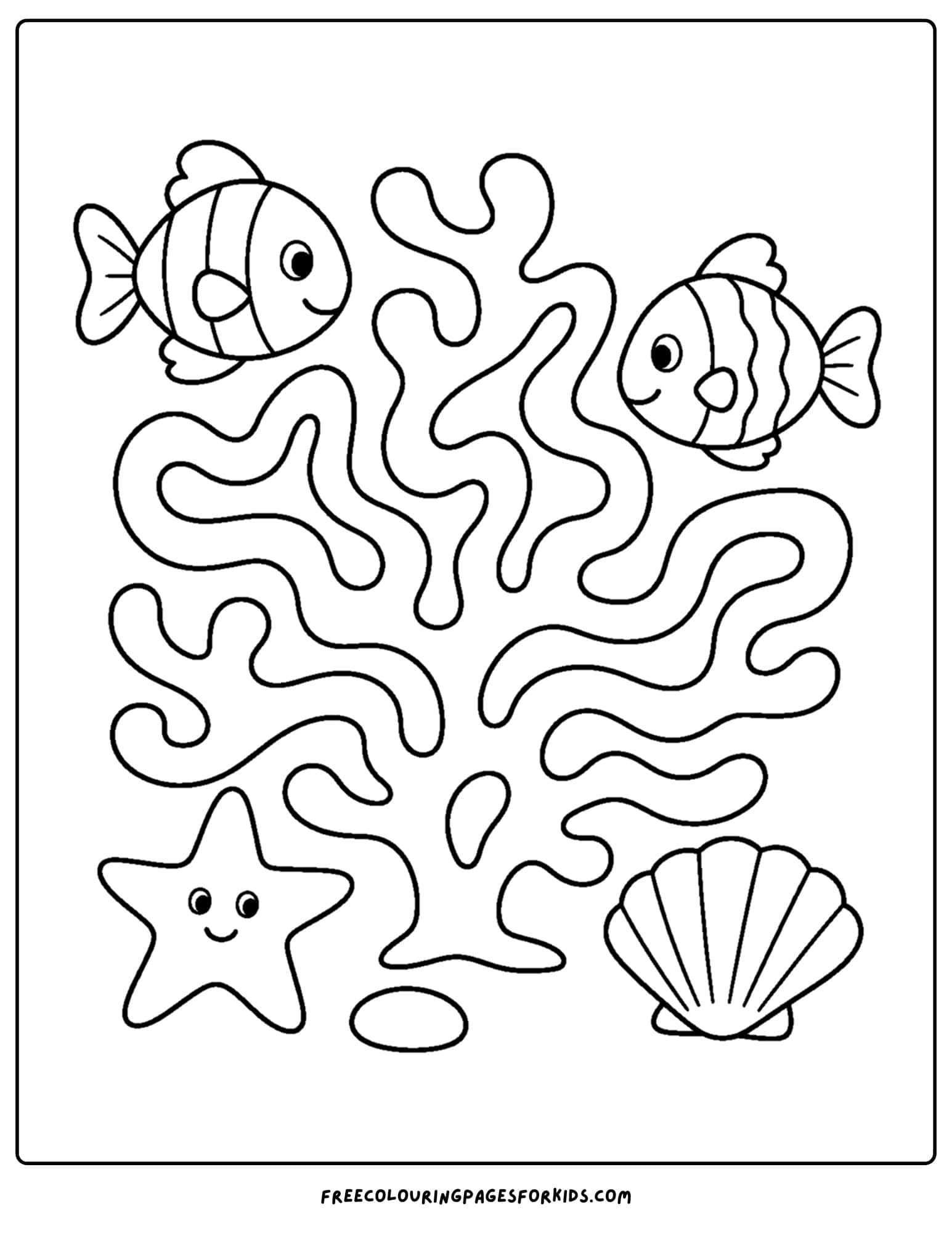 a coloring page of coral in a maze shape