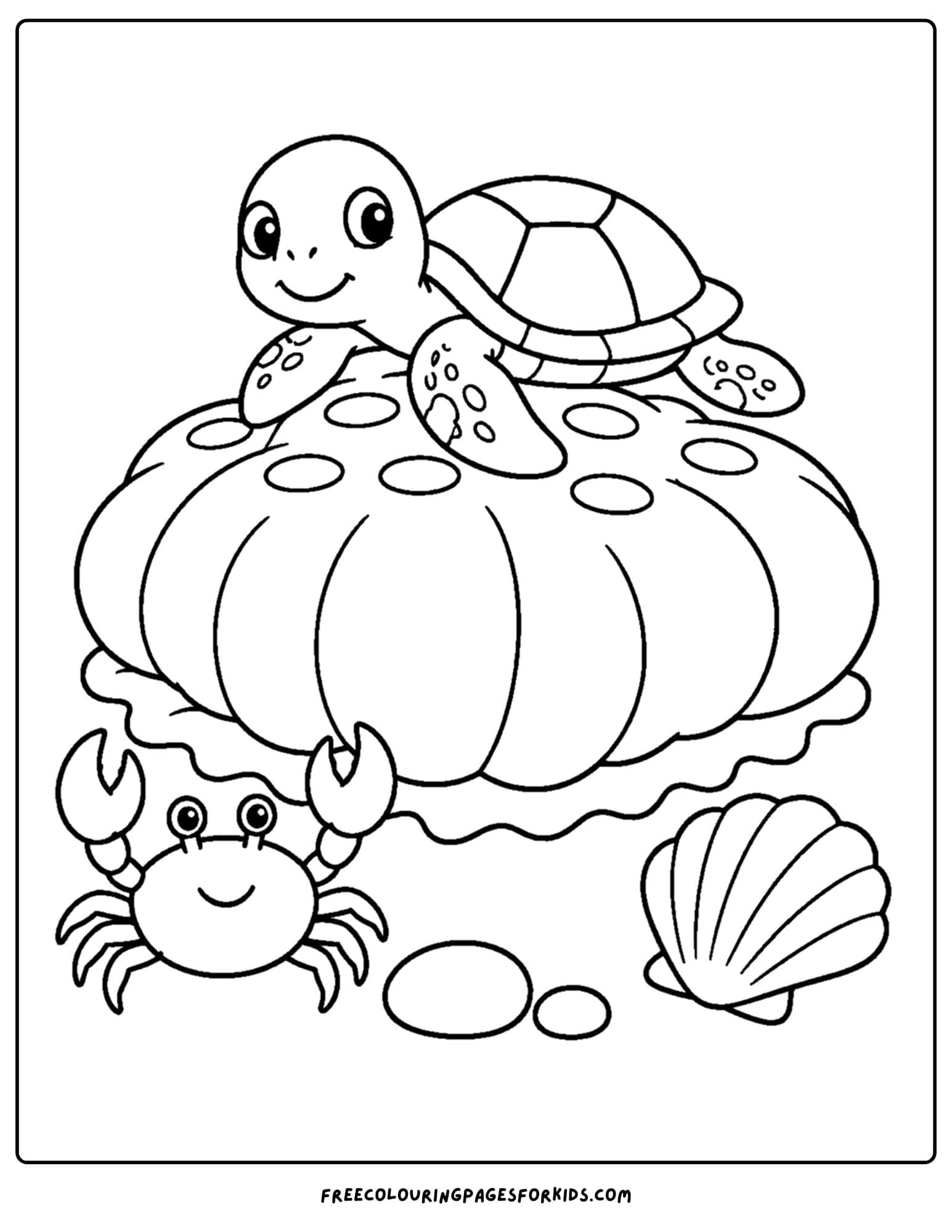 a coloring page of coral with a turtle resting on top of it