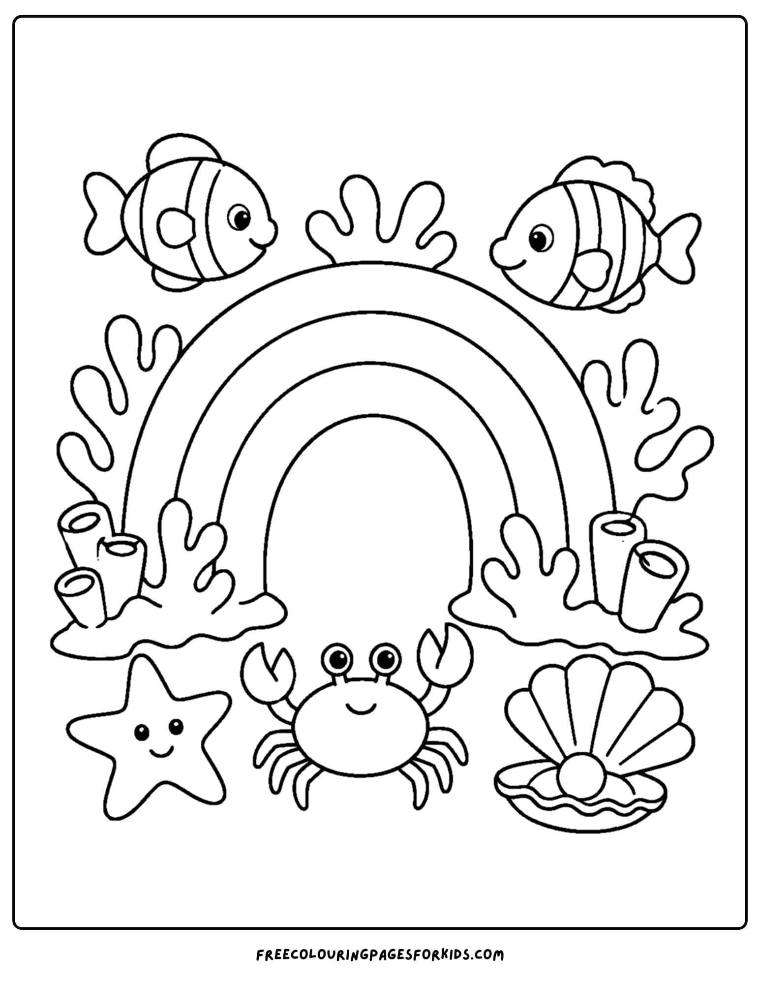 a coloring page of rainbow coral with a crab and fish