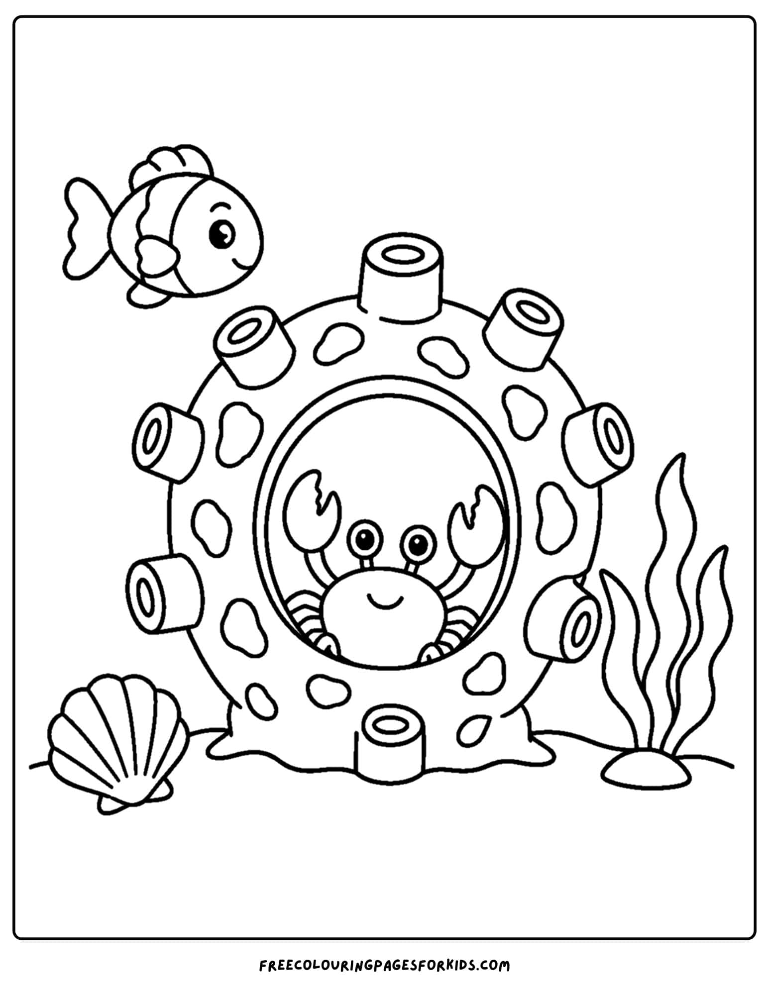 a coloring page of a coral ring and fish hiding in it