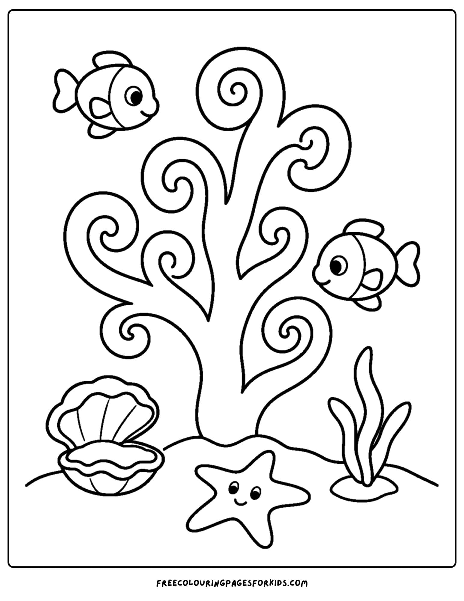 a coloring page of coral swirls as fish swim past