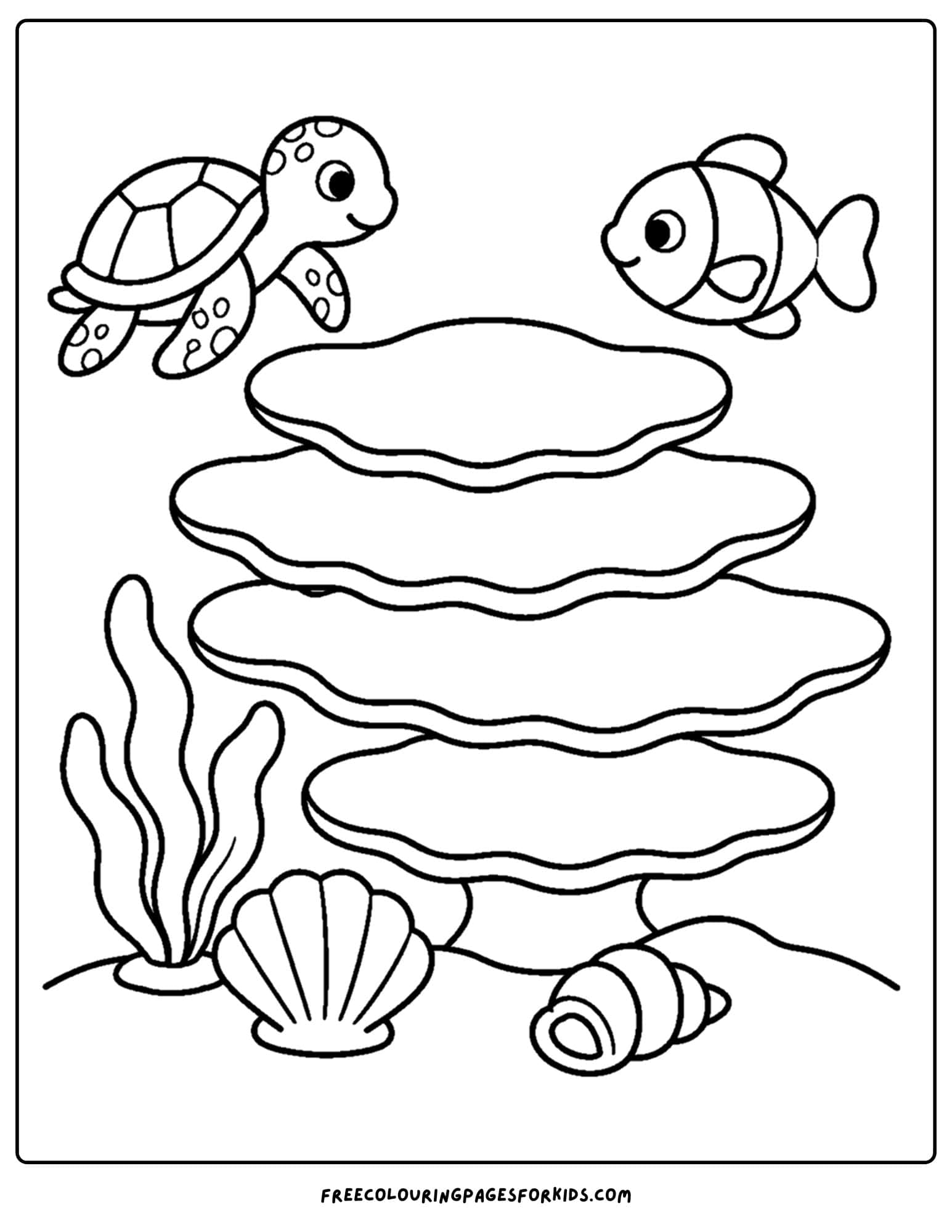 a coloring page of coral stacked like plates with fish