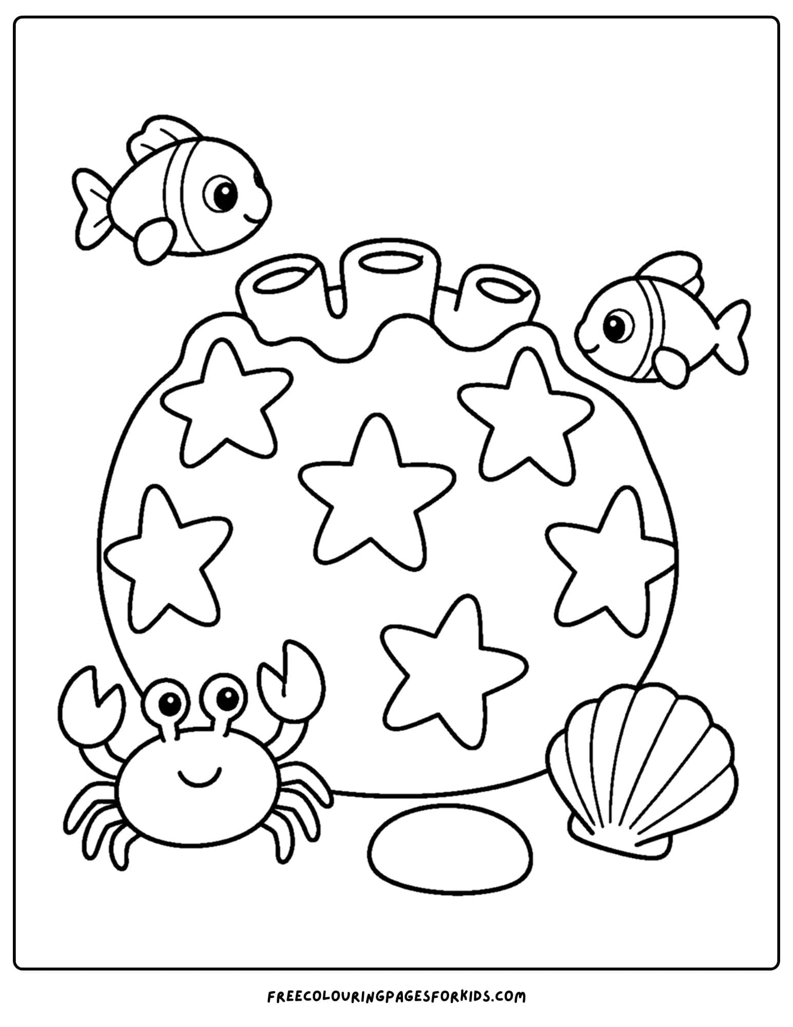 a coloring page of coral with star patterns and fish