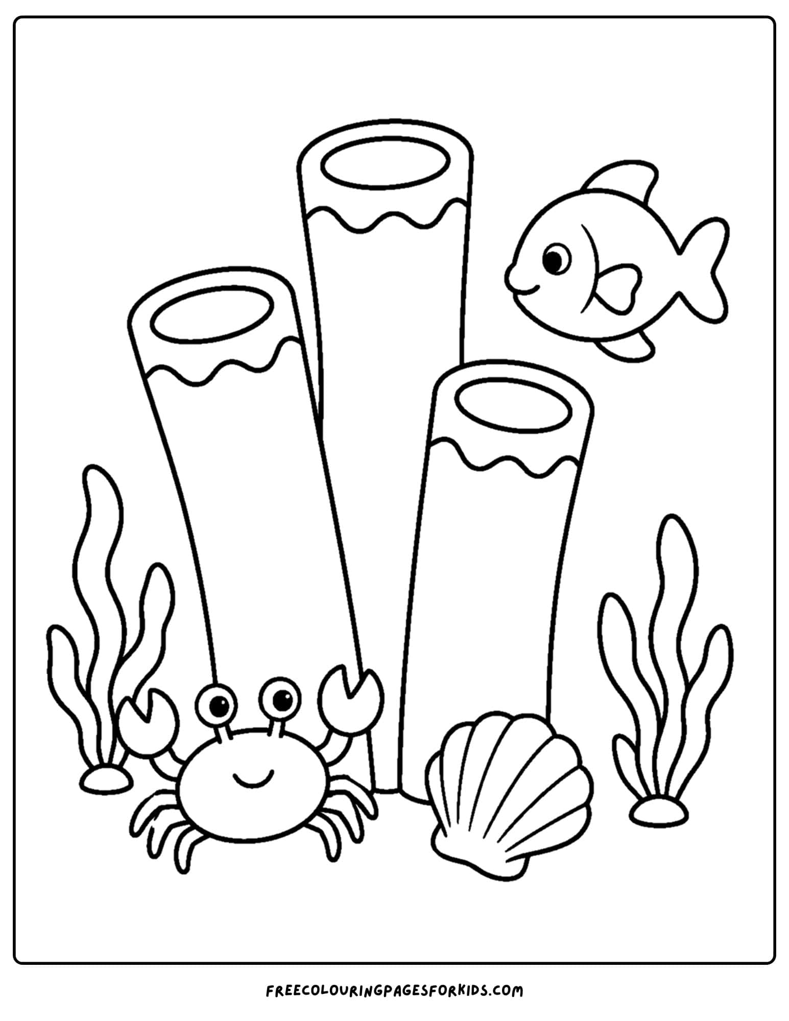 a coloring page of tube shaped coral with a crab and fish