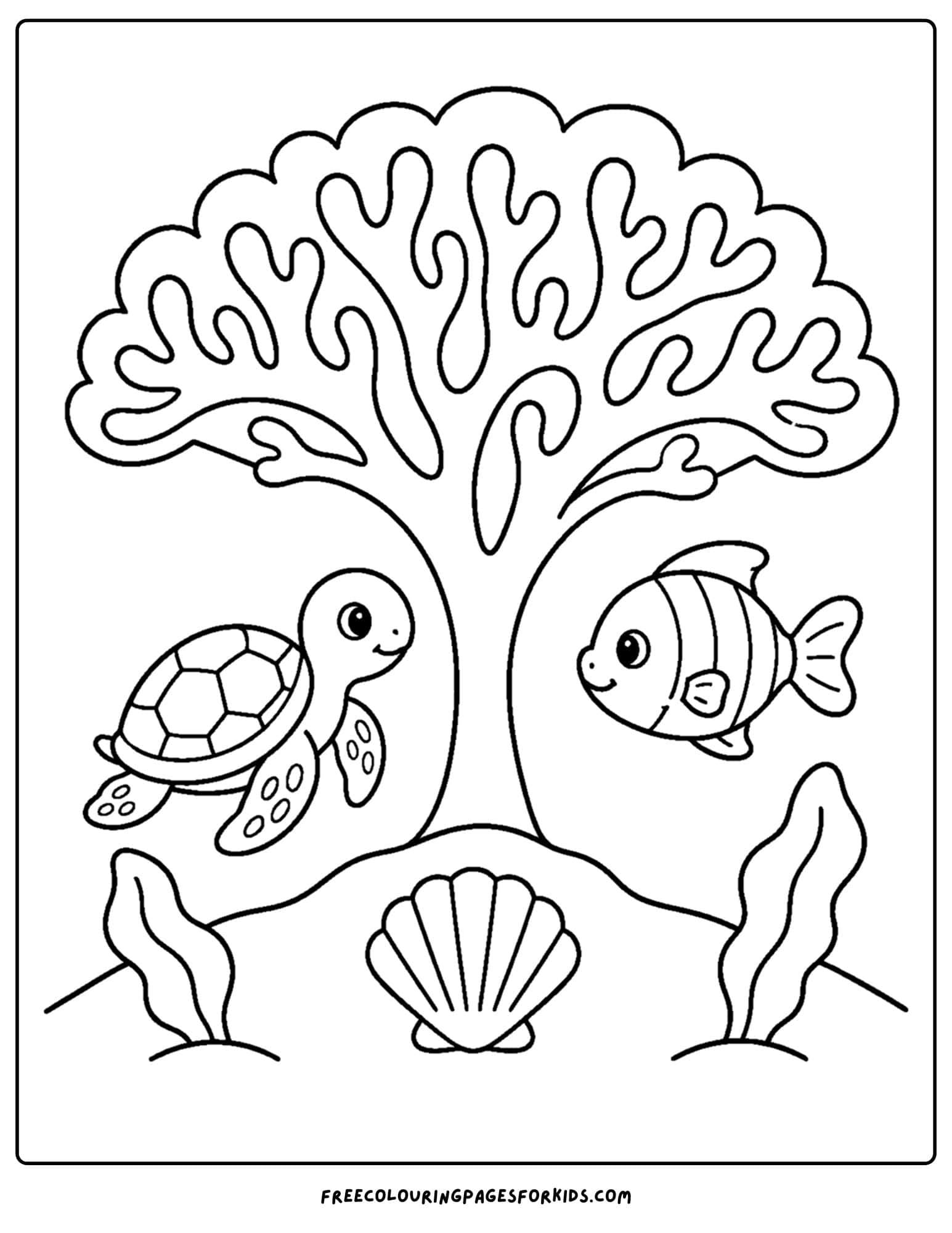 a coloring page of umbrella coral with a turtle and fish