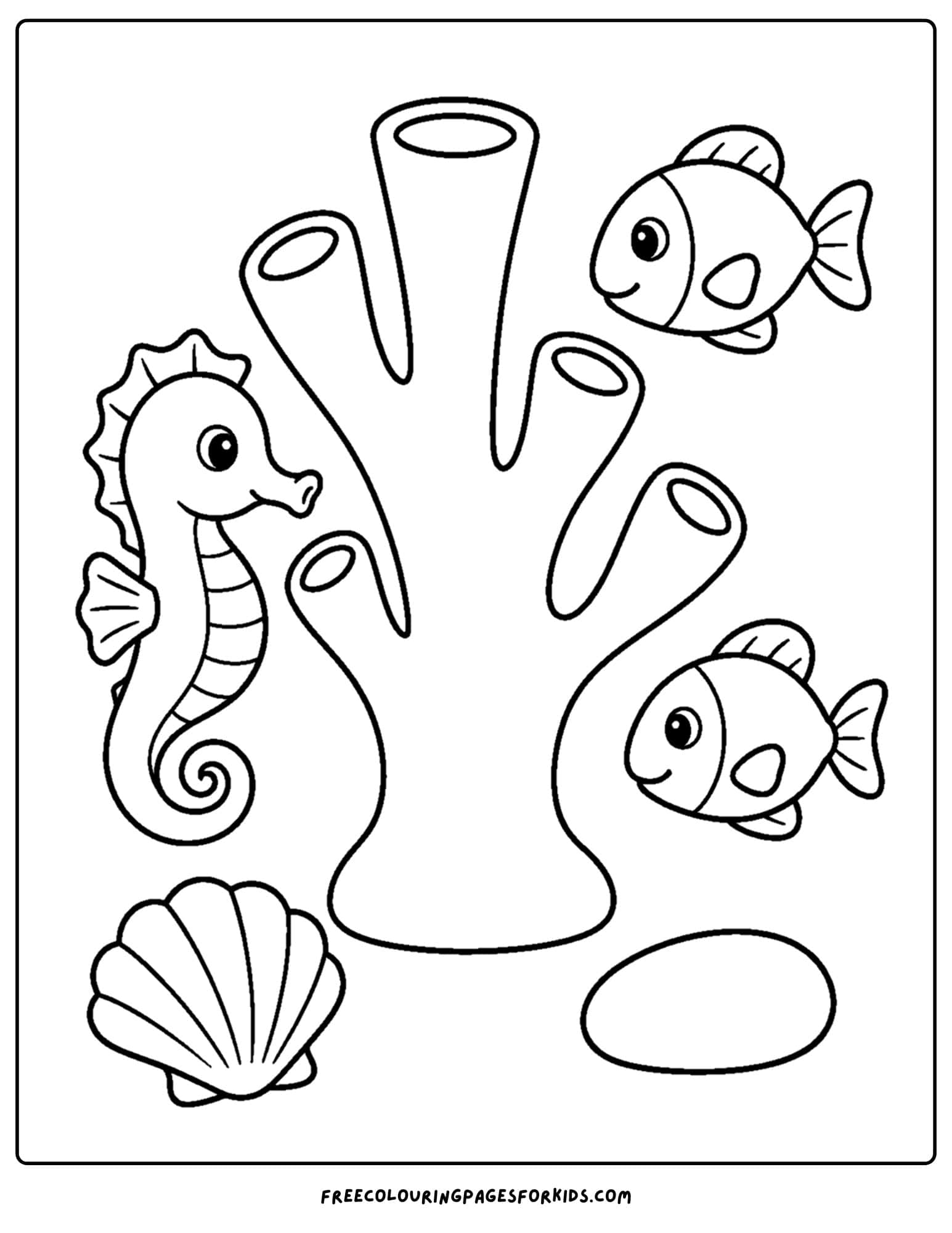 a coloring page of coral shaped like a vase with fish around