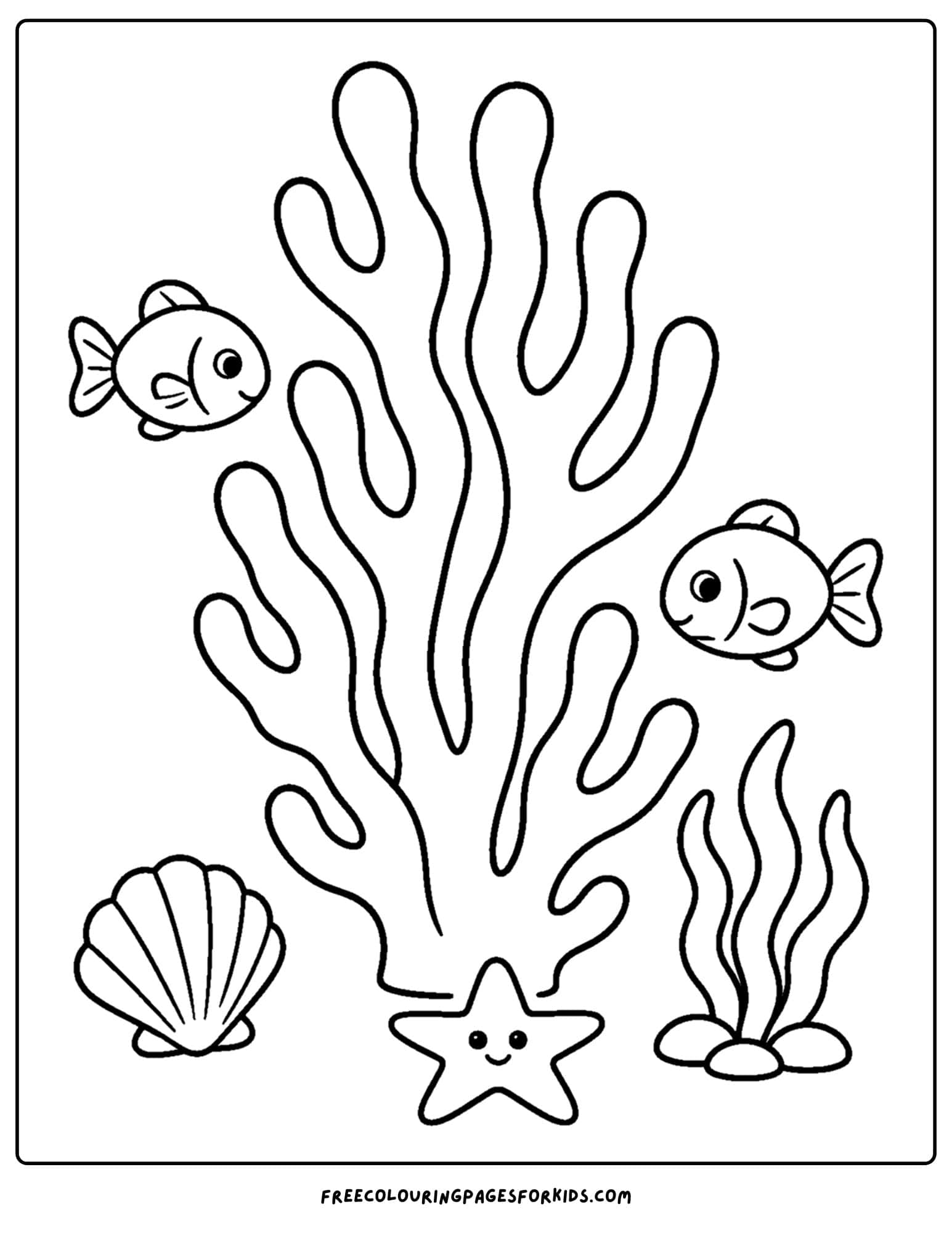a coloring page of coral surrounded by fish under the ocean