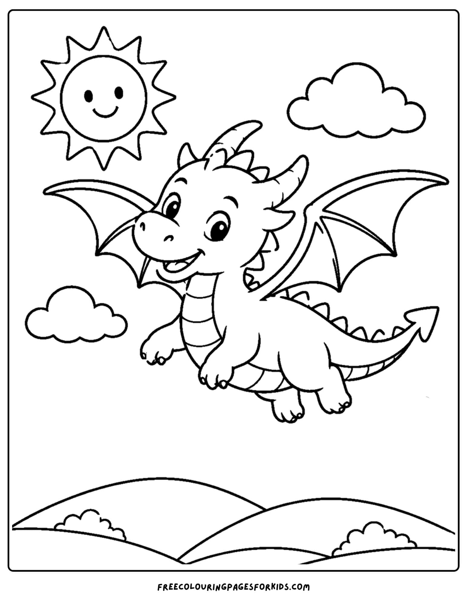 a coloring page of a dragon flying in the sky