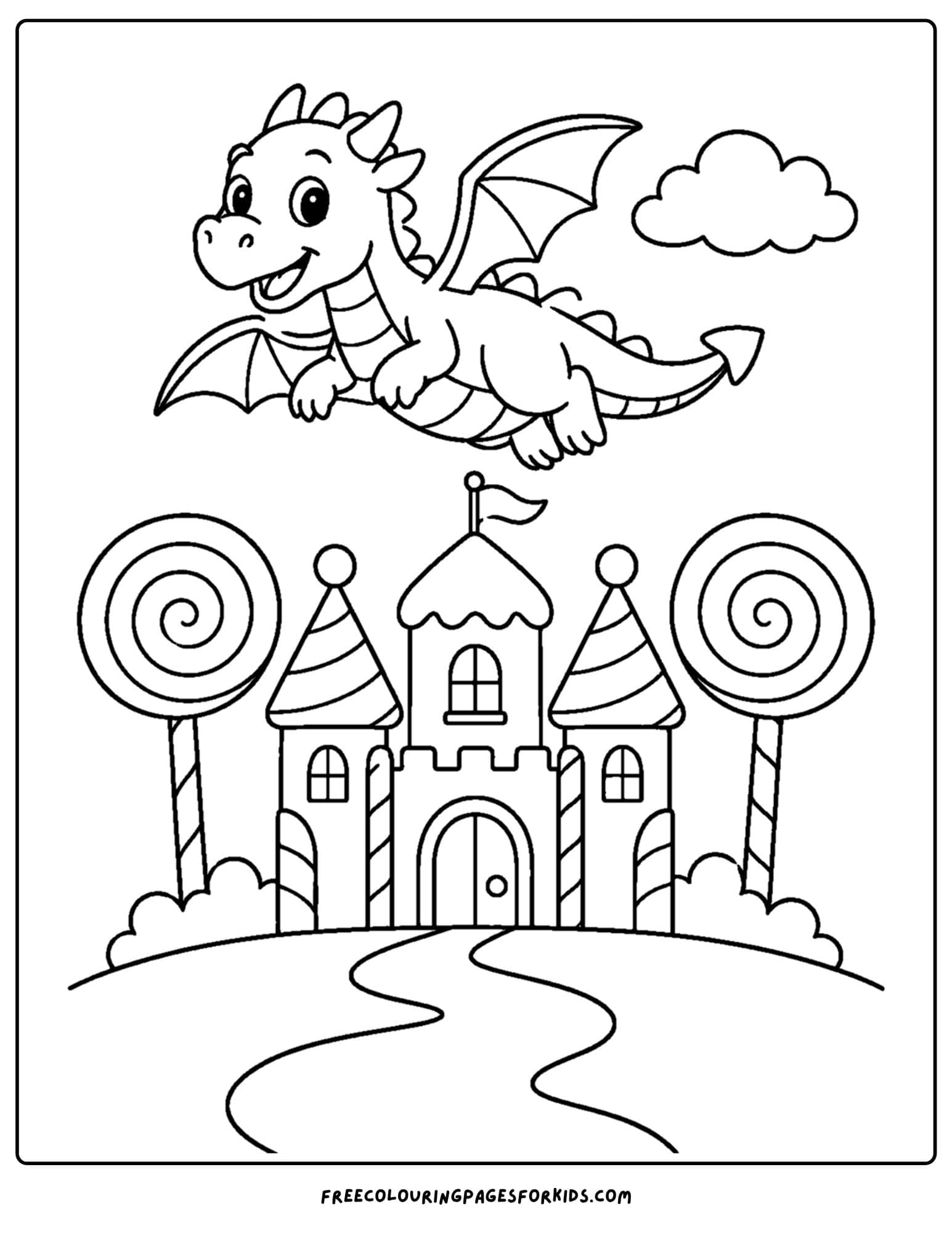 a coloring page of a dragon flying over a castle made of candy