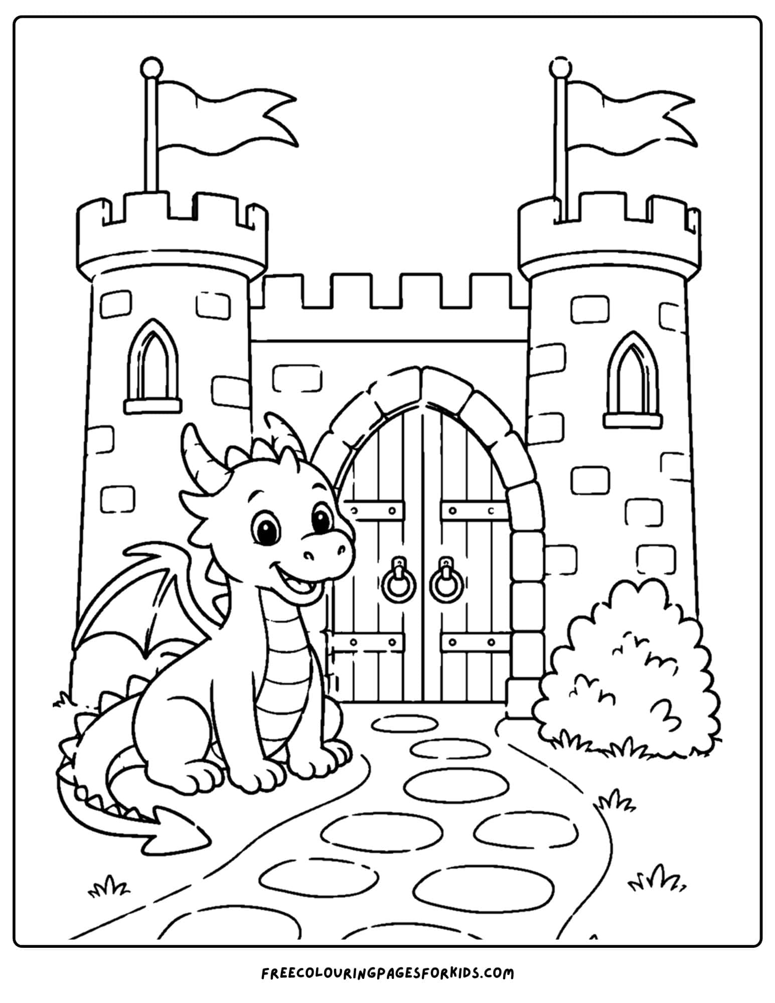 a coloring page of a dragon sitting at the gates to a big castle