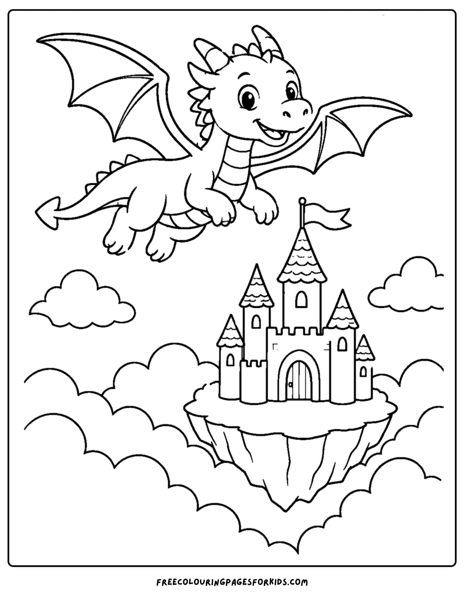 a coloring page of a dragon flying over a kingdom in the sky