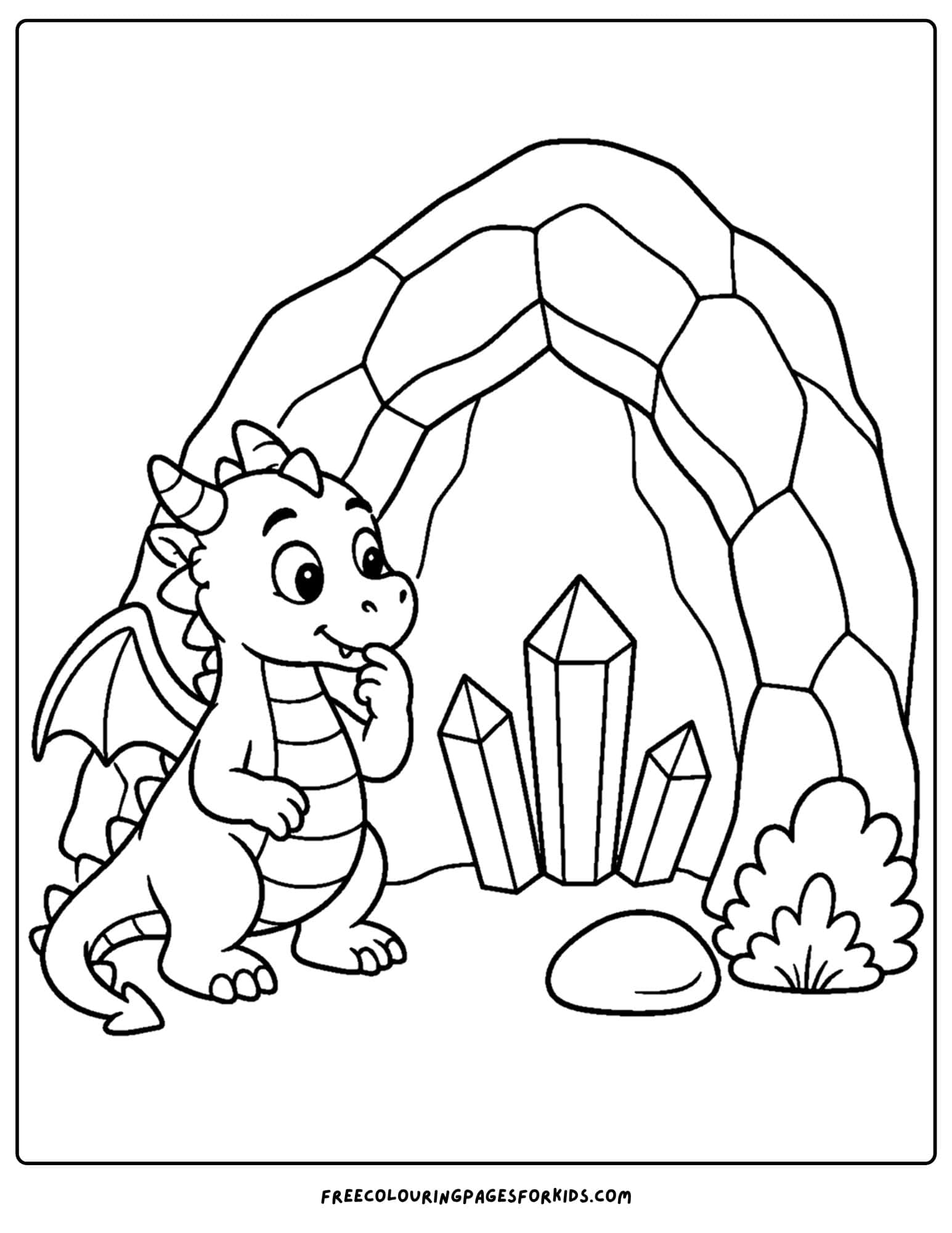 a coloring page of a dragon in a crystal cave