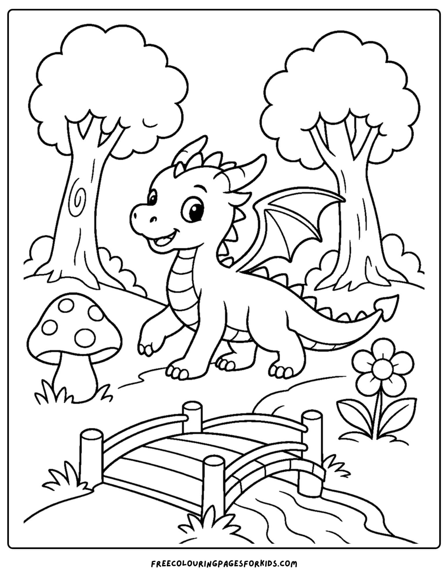a coloring page of a dragon walking in an enchanted forest