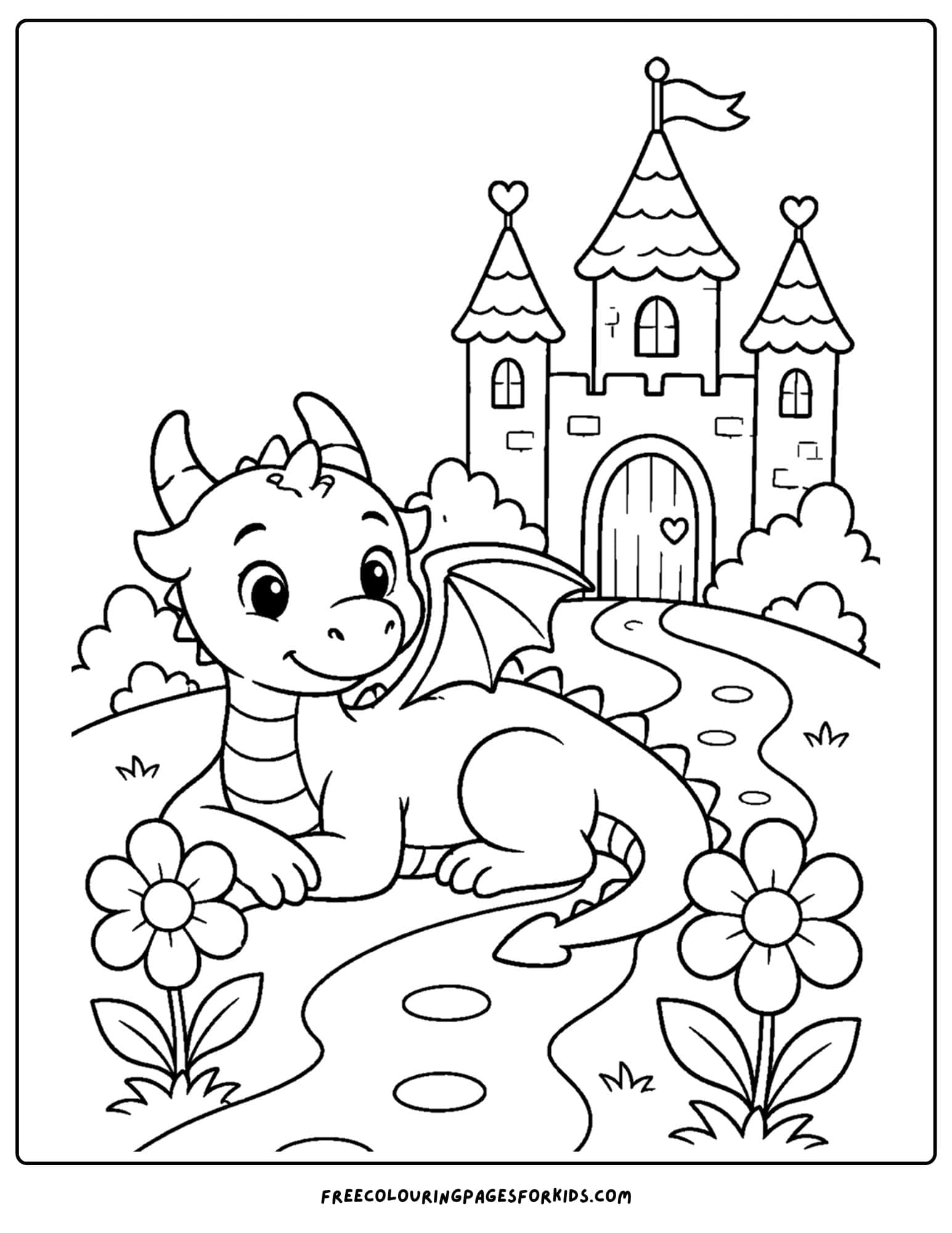 a coloring page of a dragon laying on a path outside a castle