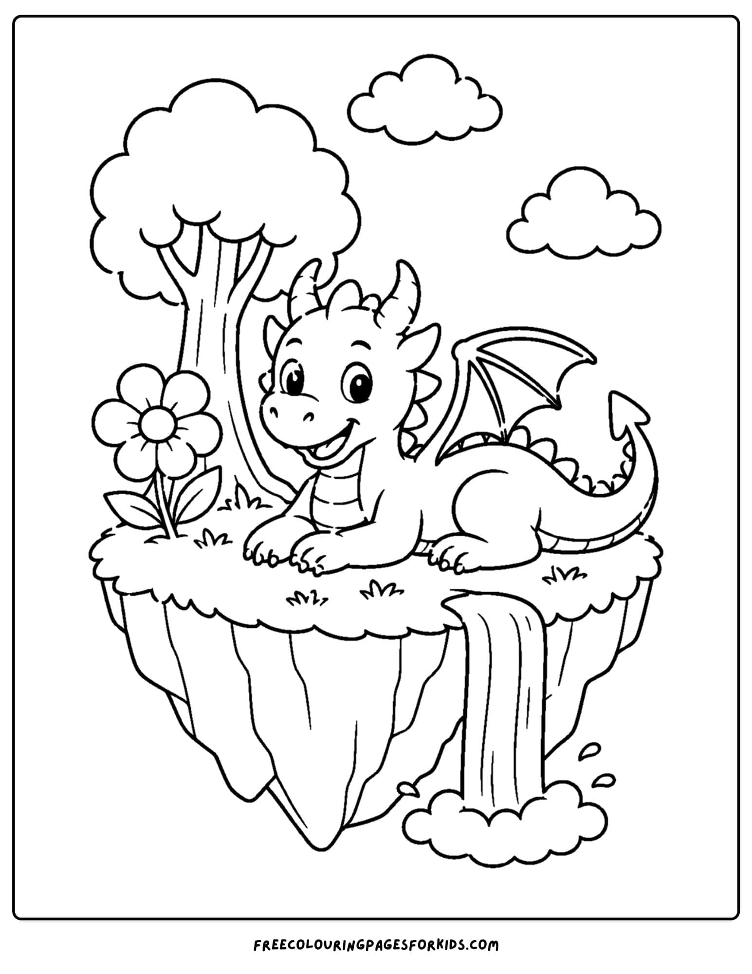 a coloring page of a dragon on a floating island in the sky