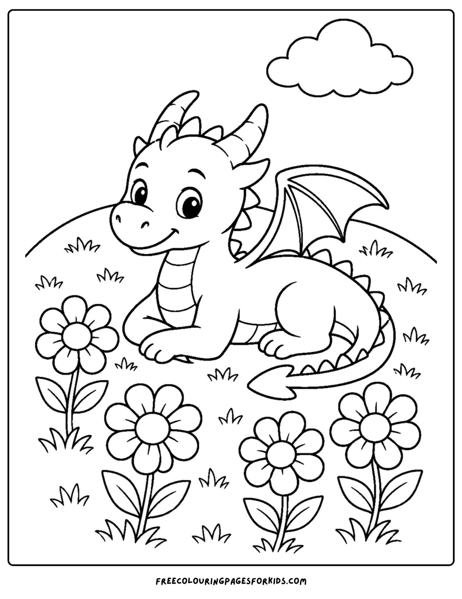 a coloring page of a dragon in a flower meadow