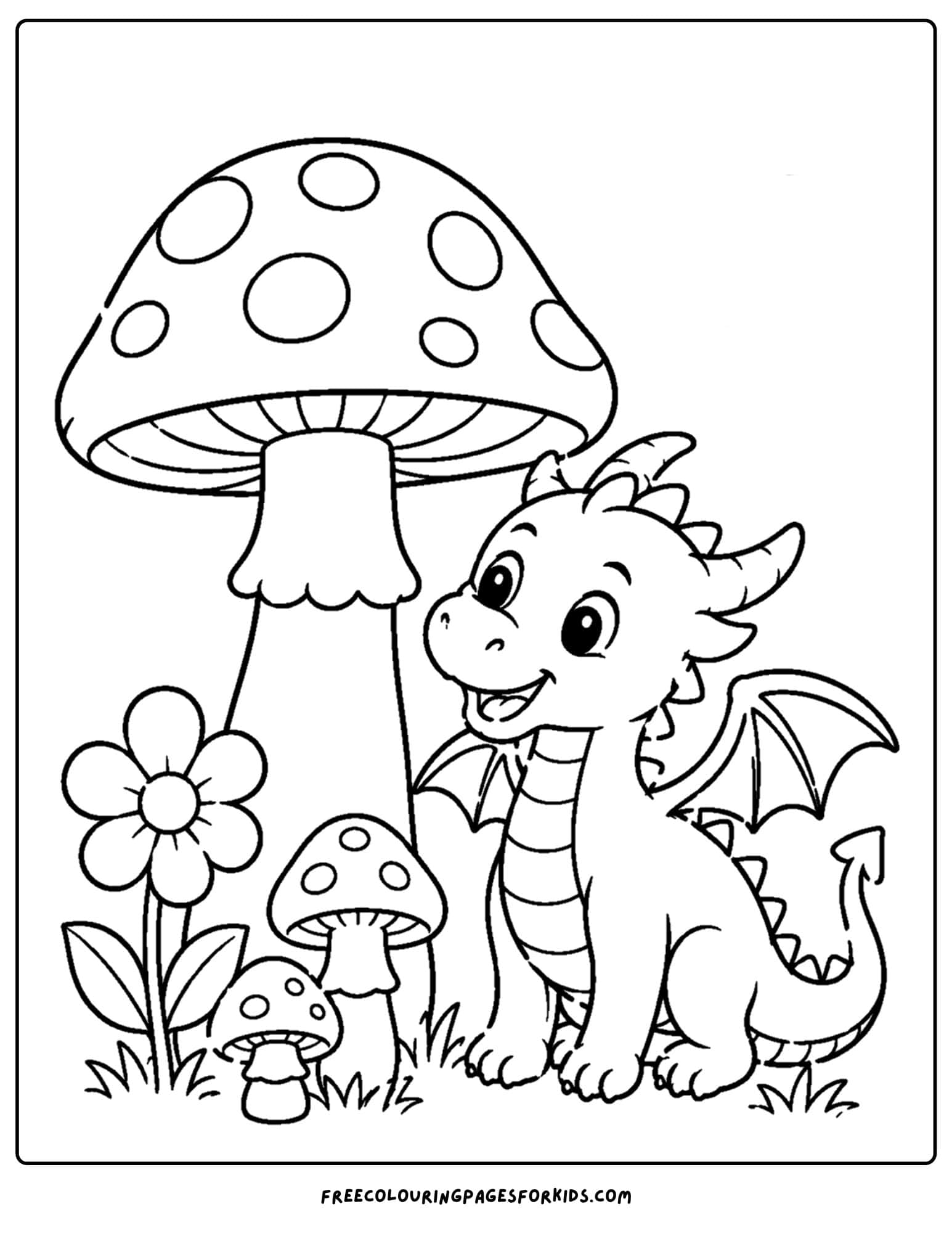 a coloring page of a dragon beside a giant mushroom