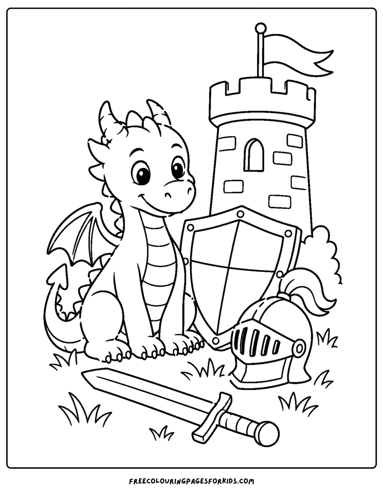 a coloring page of a dragon beside a knights shield and sword