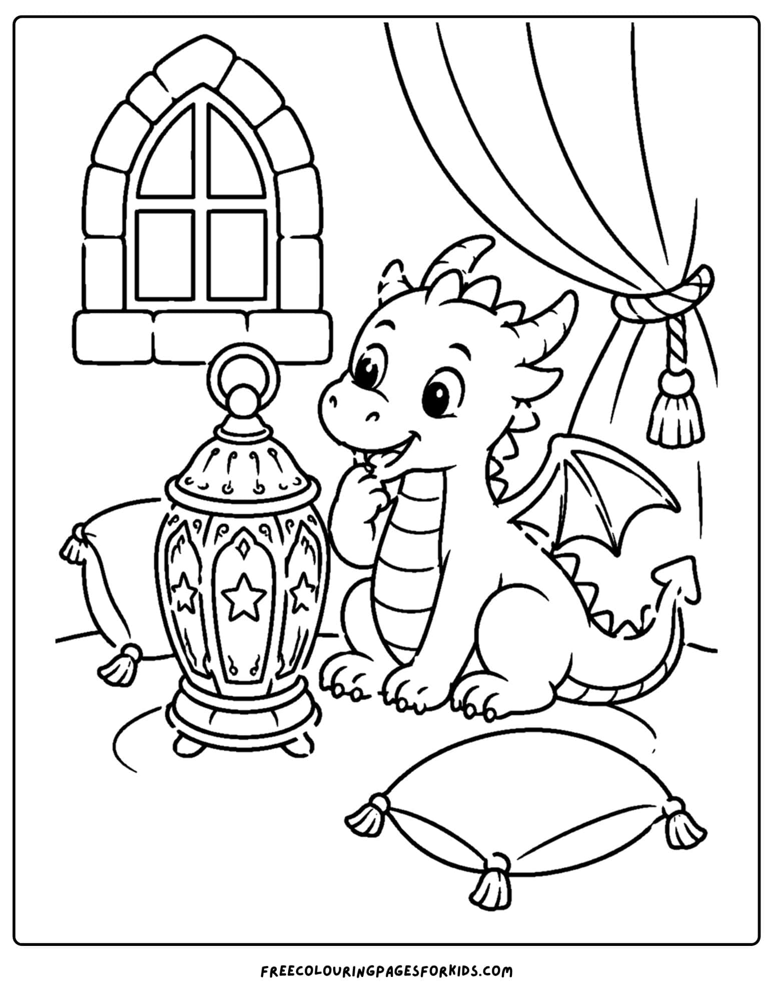 a coloring page of a dragon next to a magical lantern