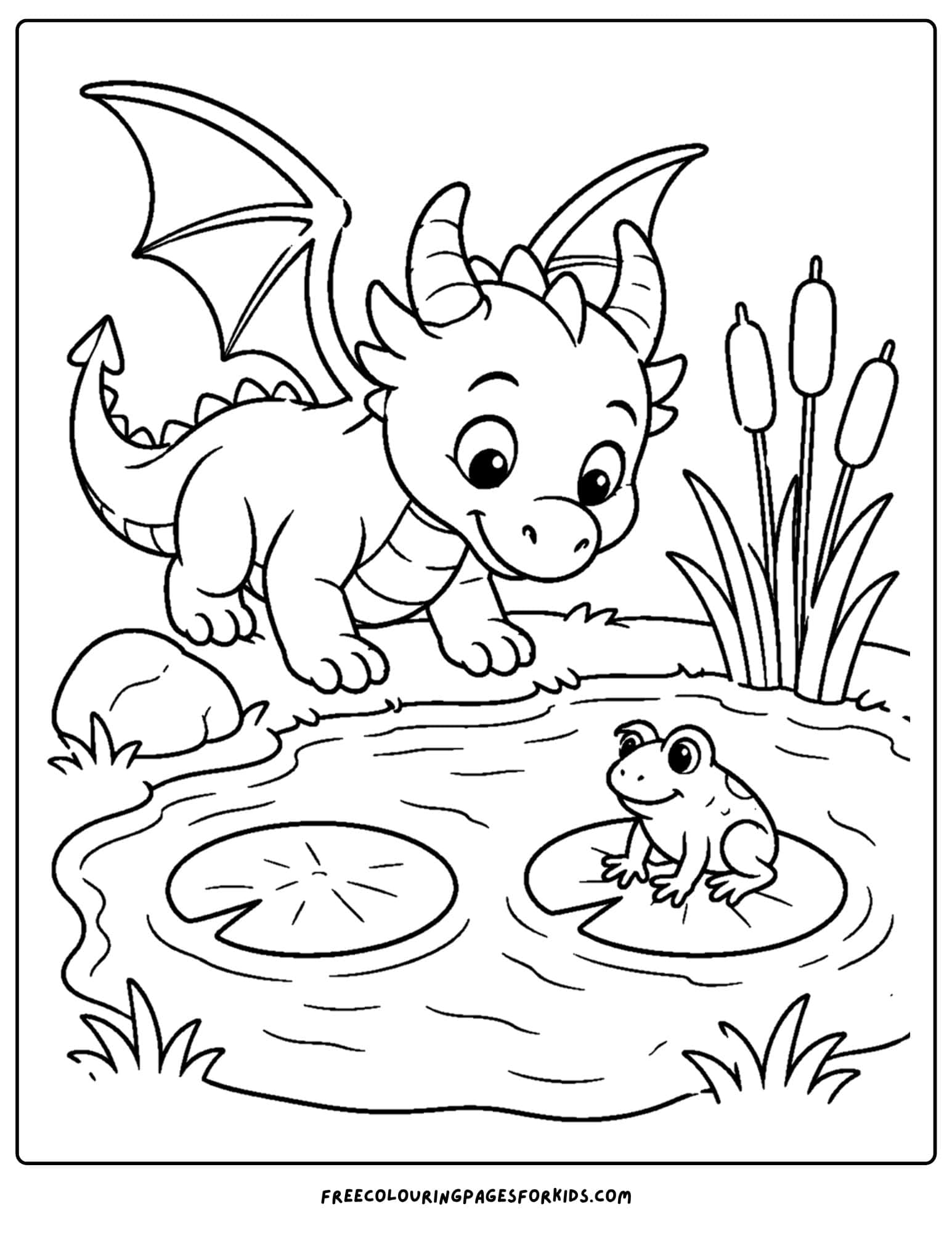 a coloring page of a dragon looking into a pond