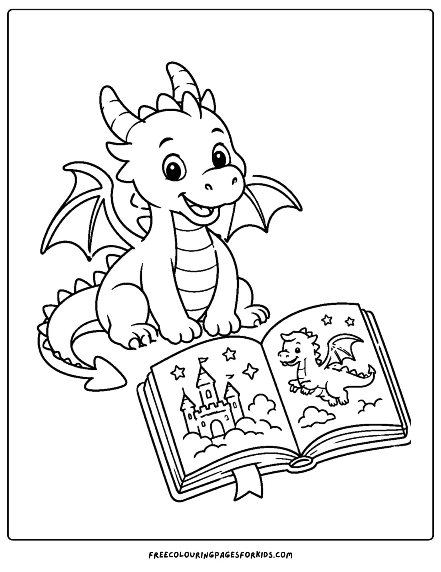 a coloring page of a dragon reading a story book
