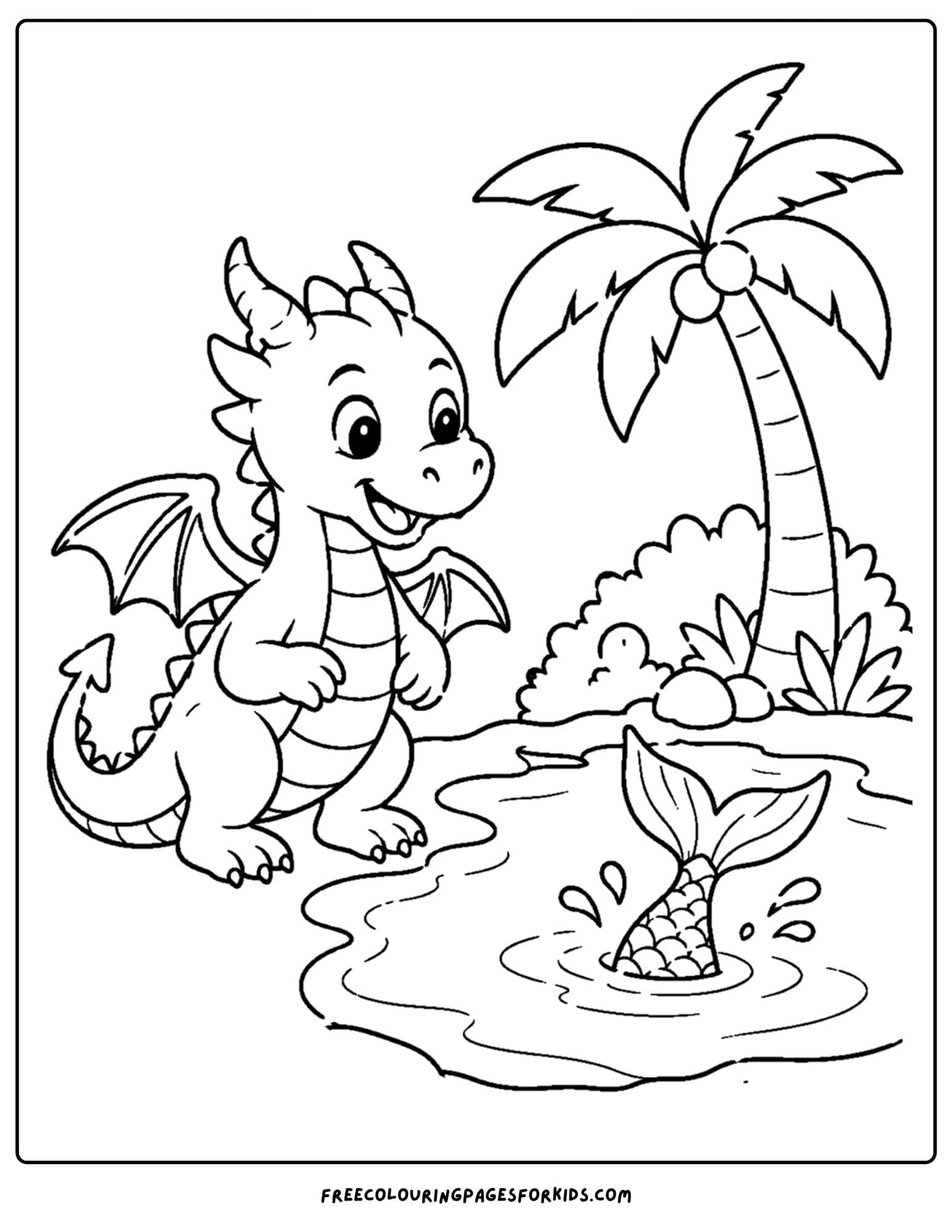 a coloring page of a dragon spotting a mermaid in a lagoon