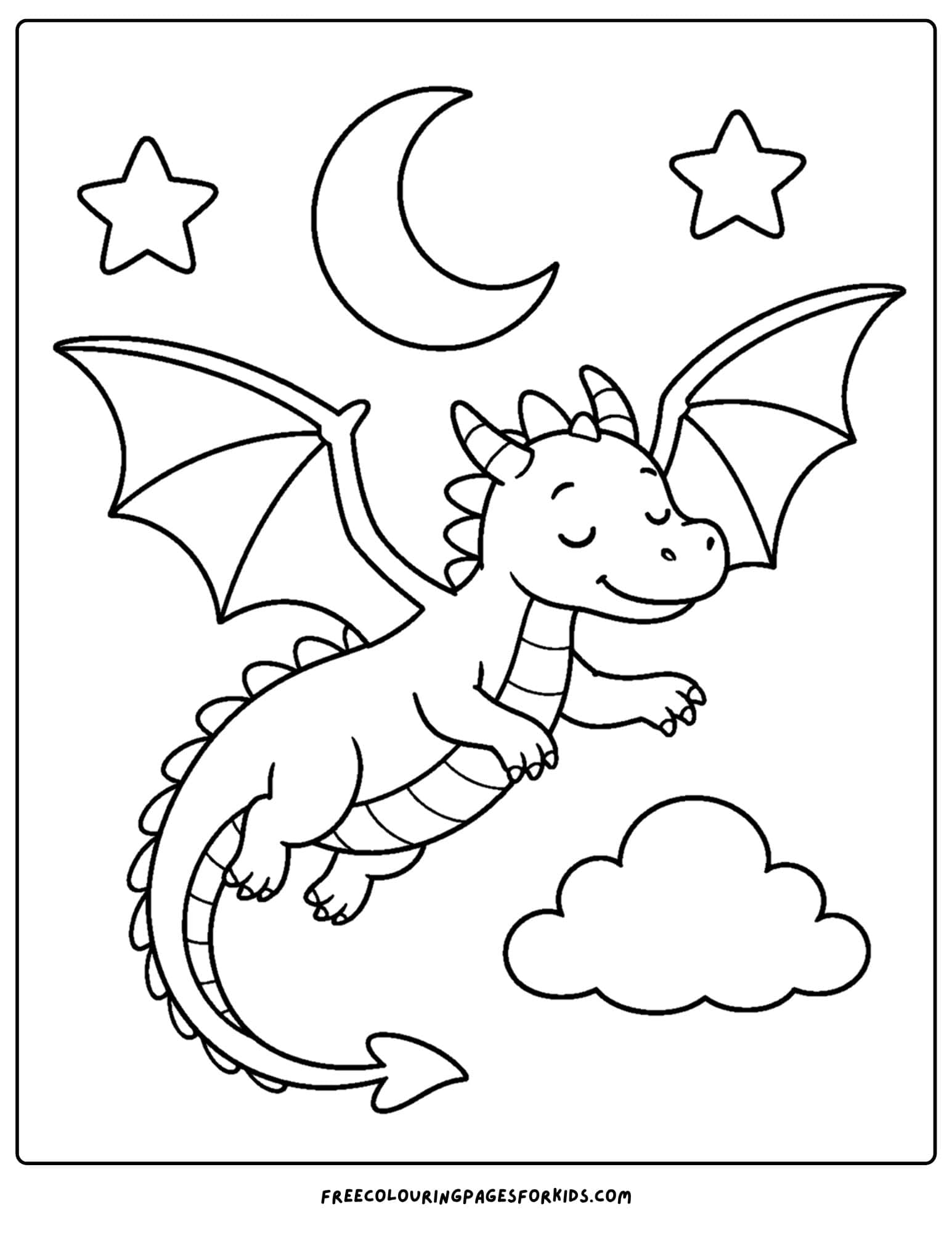 a coloring page of a dragon flying under moonlight