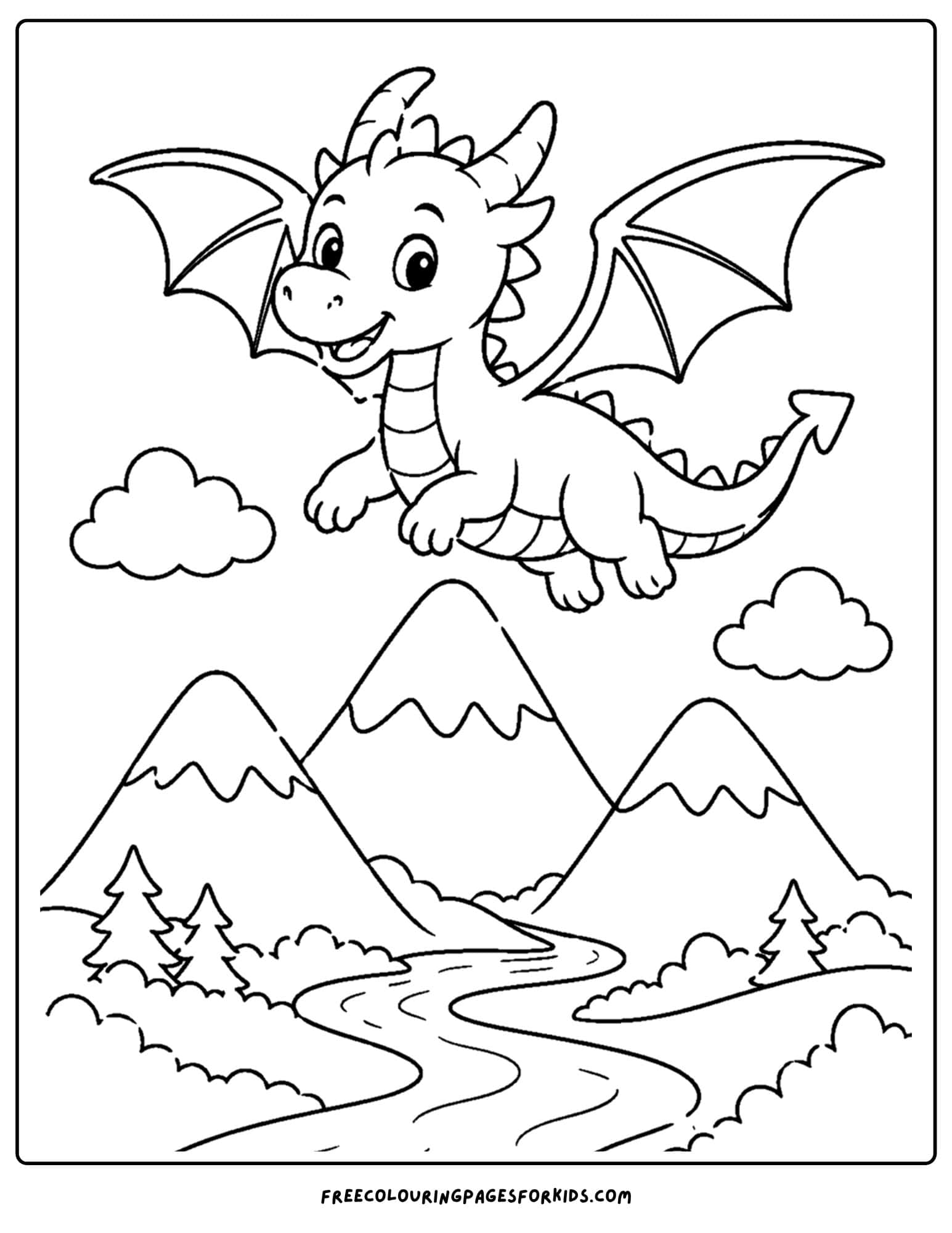 a coloring page of a dragon flying high over the mountains