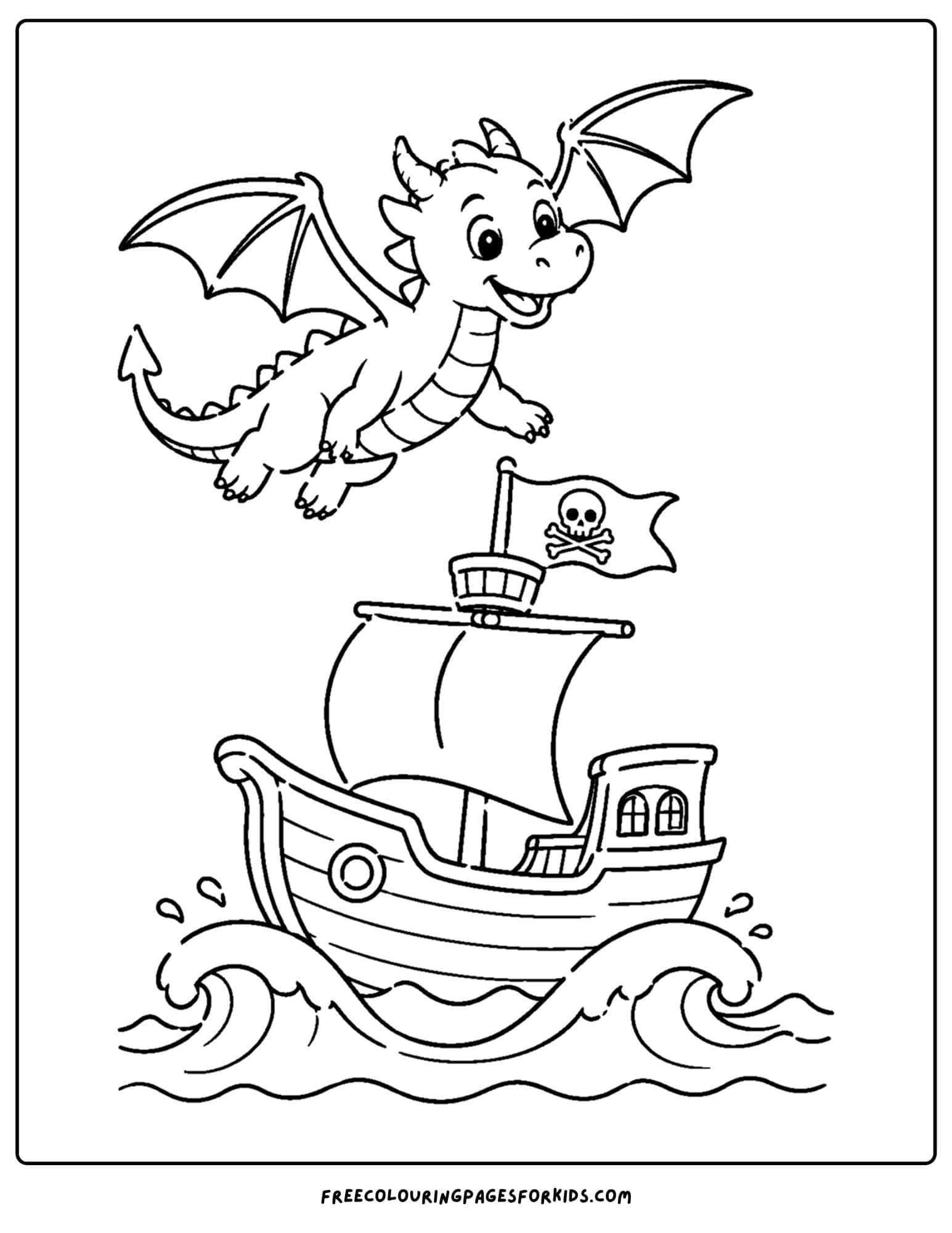 a coloring page of a dragon flying over a ship