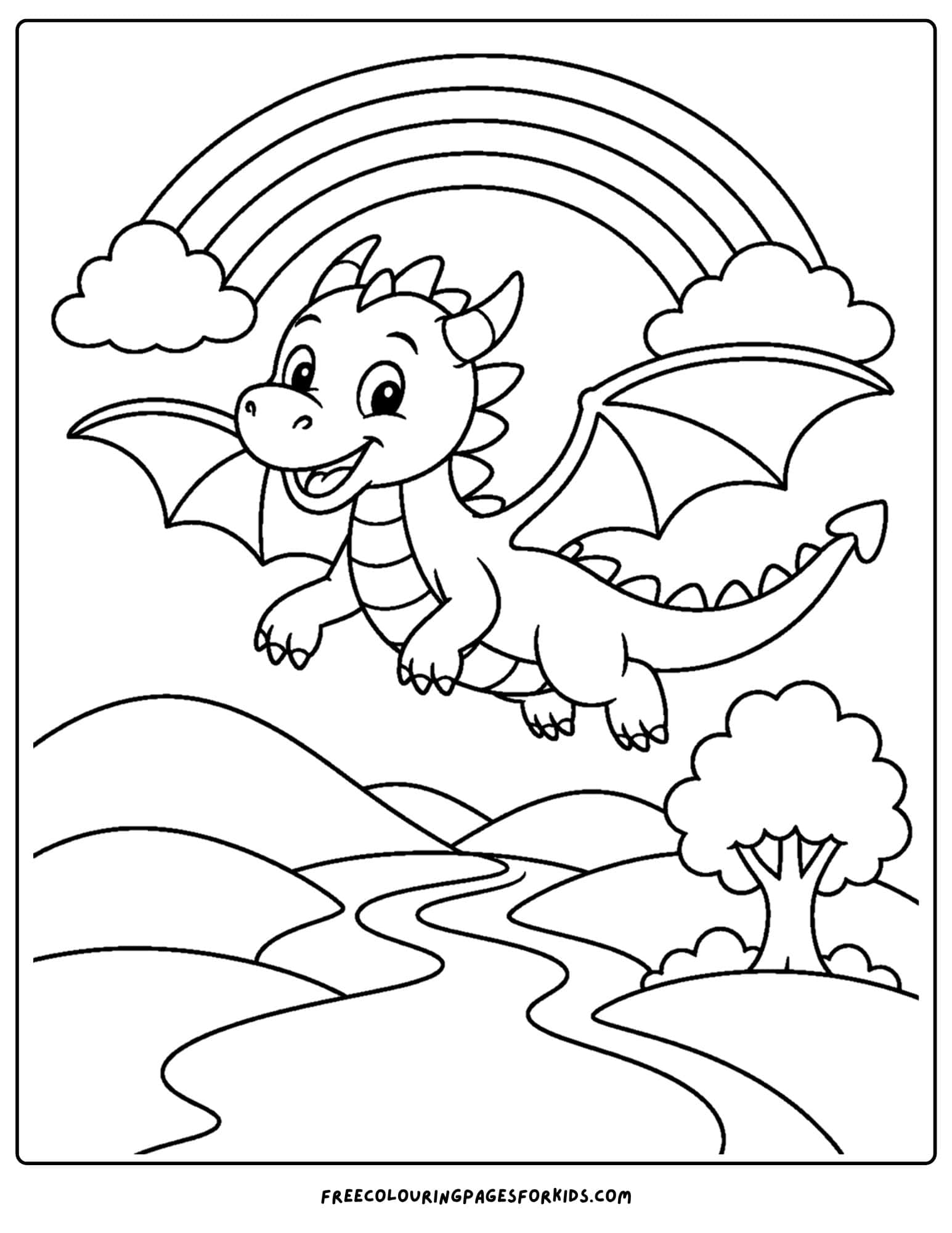 a coloring page of a dragon flying under a rainbow