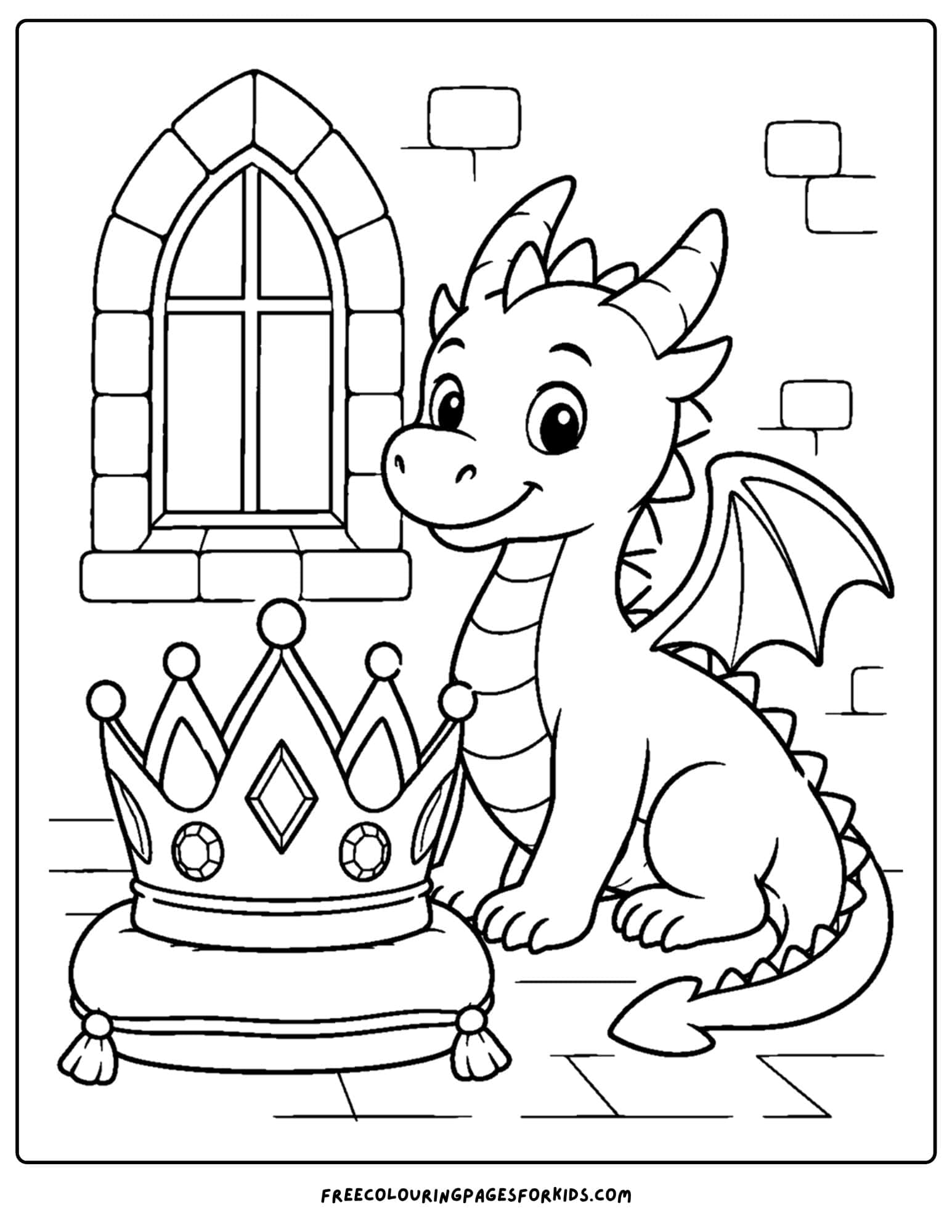 a coloring page of a dragon sitting next to a royal crown