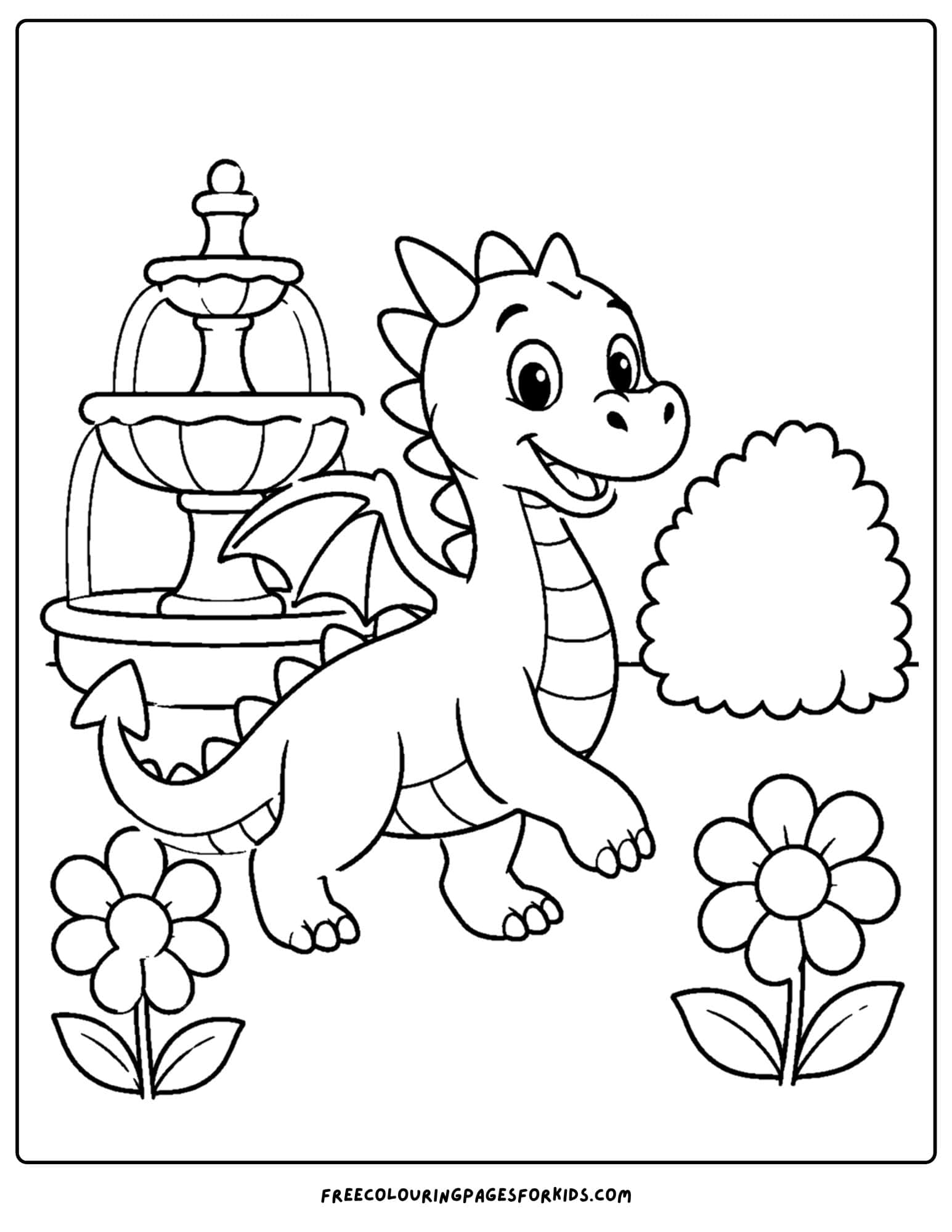 a coloring page of a dragon in a garden with a water fountain