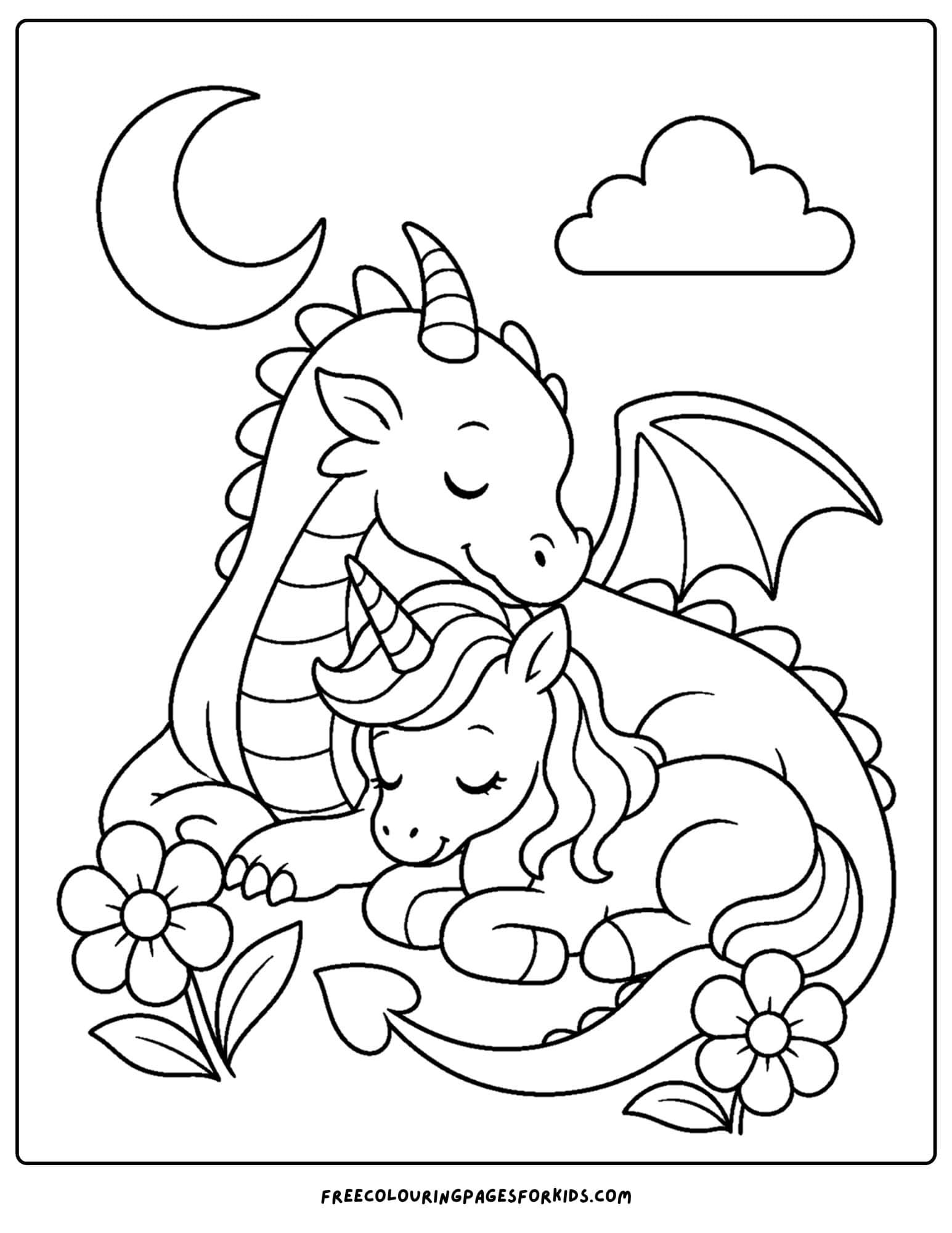 a coloring page of a dragon sleeping with a unicorn