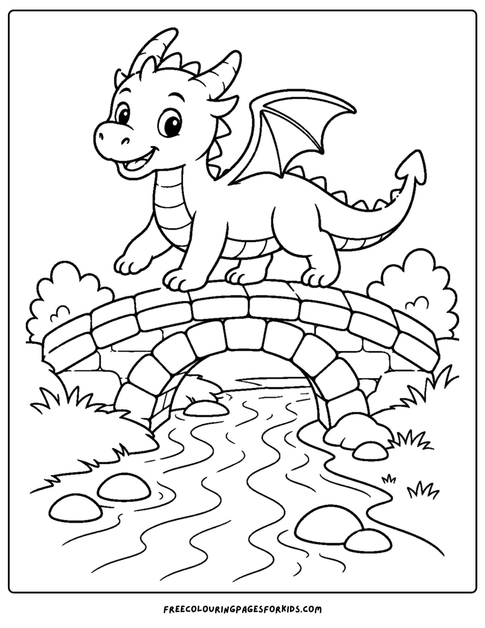 a coloring page of a dragon walking over a stone bridge